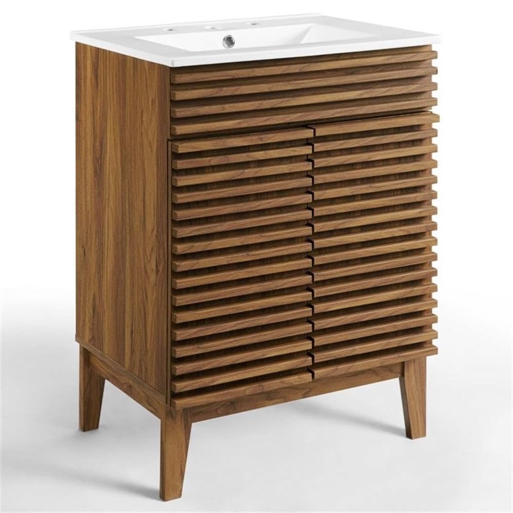 Allora Modern Wood Bathroom Vanity with Storage Shelf - Walnut/White Finish | Space-Saving Design for Small Bathrooms & Powder Rooms