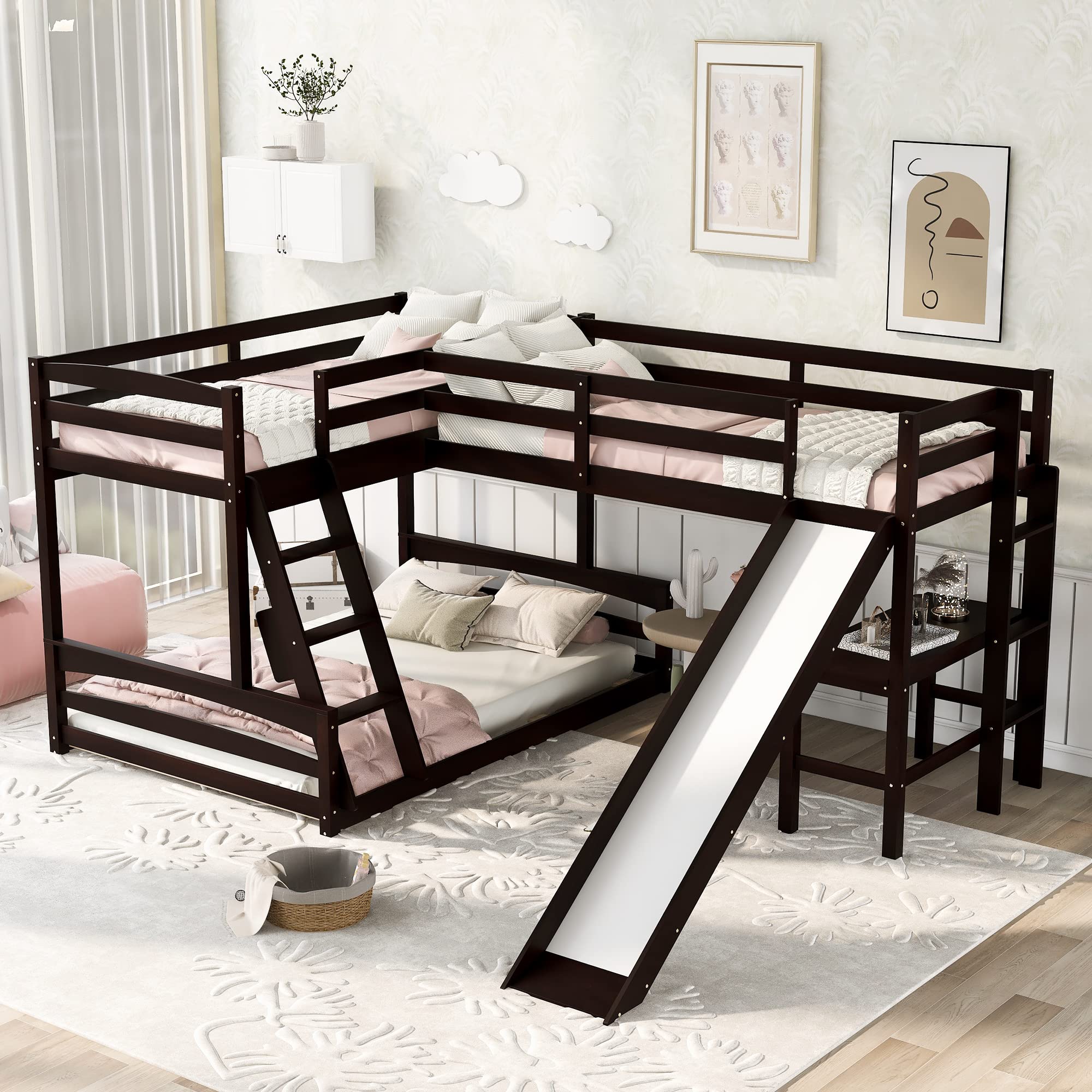 3 in 1 Twin Over Full Bunk Bed with Loft Bed, Desk & Slide - Kids Bunk Bed for Boys & Girls with Full-Length Guardrail, Espresso Finish - Perfect for Small Bedrooms, Playrooms & Sleepovers