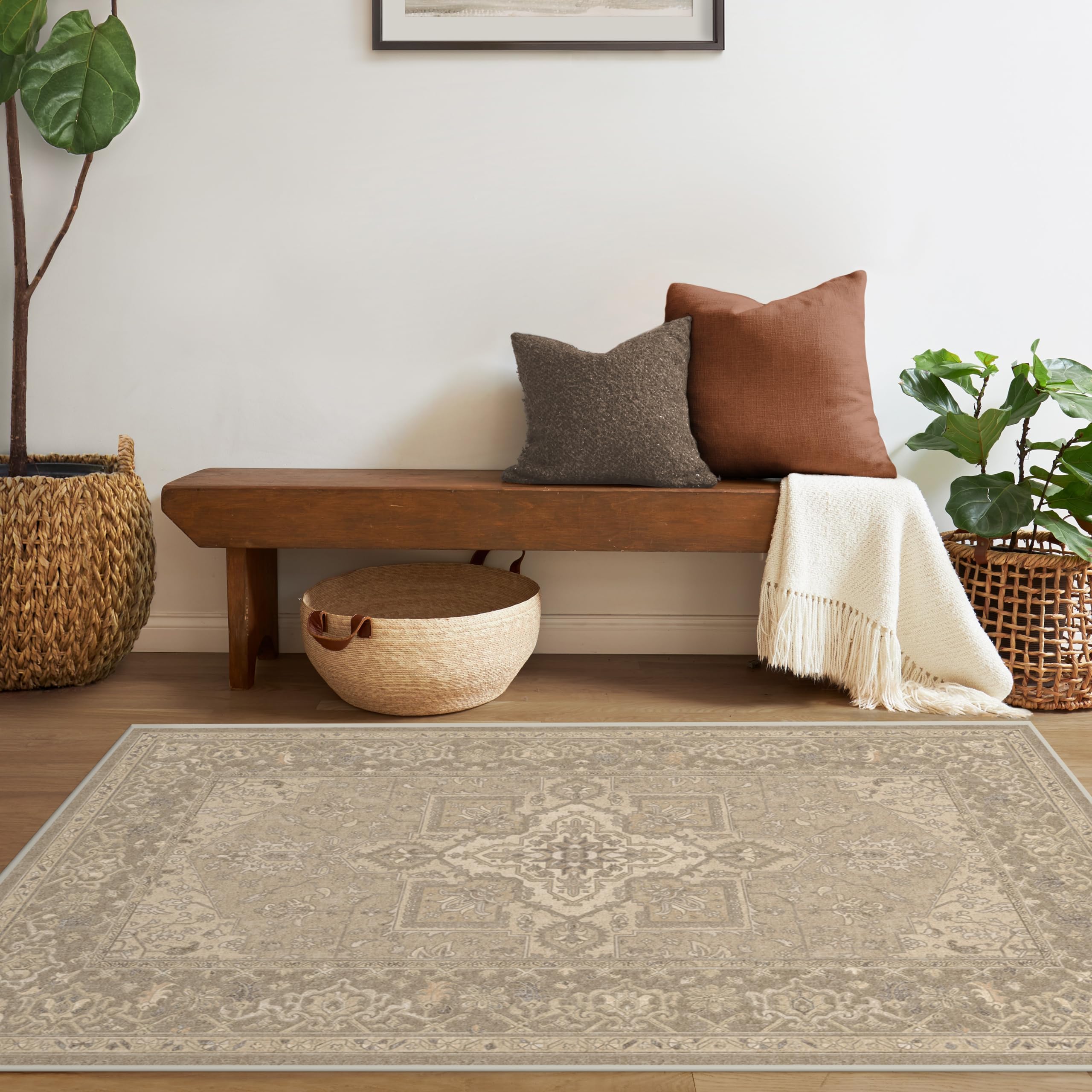 RUGGABLE x Maral Heriz Washable 3x5 Area Rug in Creme | Non-Slip Premium Rug for Living Room, Bedroom, Kitchen, Office & Classroom | Perfect for High-Traffic Areas & Pet-Friendly Homes