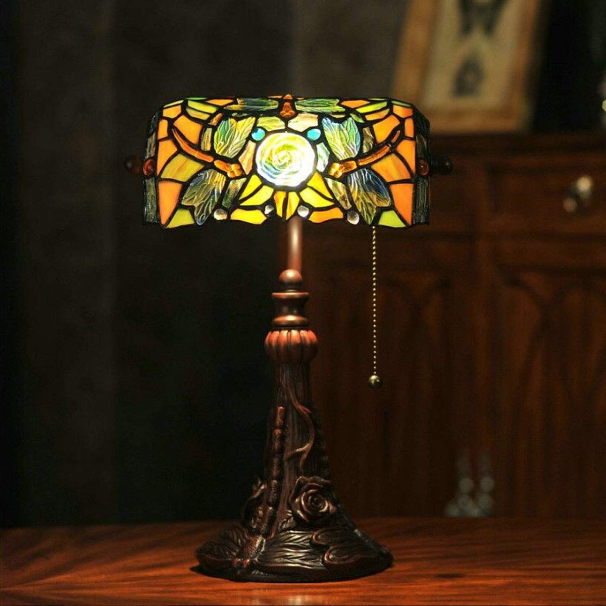 Tiffany Style Stained Glass Table Lamp with Dragonfly Design - 15.5
