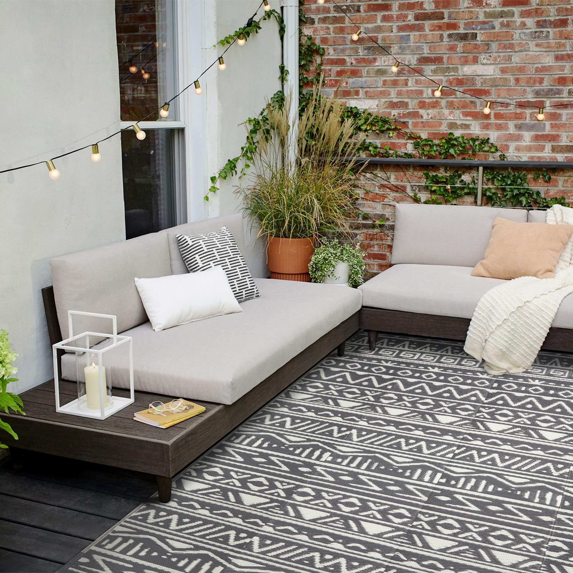 Boho Waterproof Reversible Plastic Straw Rug - 9x12 Outdoor/Indoor Geometric Carpet for Patio, Deck, Balcony, Camping & RV - Gray Washable Large Area Mat | Perfect for Beach, Porch & Outdoor Gatherings