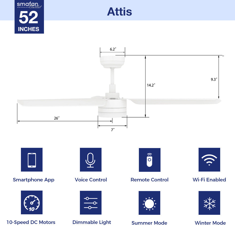 52 Inch Smart Ceiling Fan with LED Light & Remote Control - WiFi Enabled, Quiet DC Motor, Dimmable Lighting for Bedroom, Living Room & Outdoor Patio