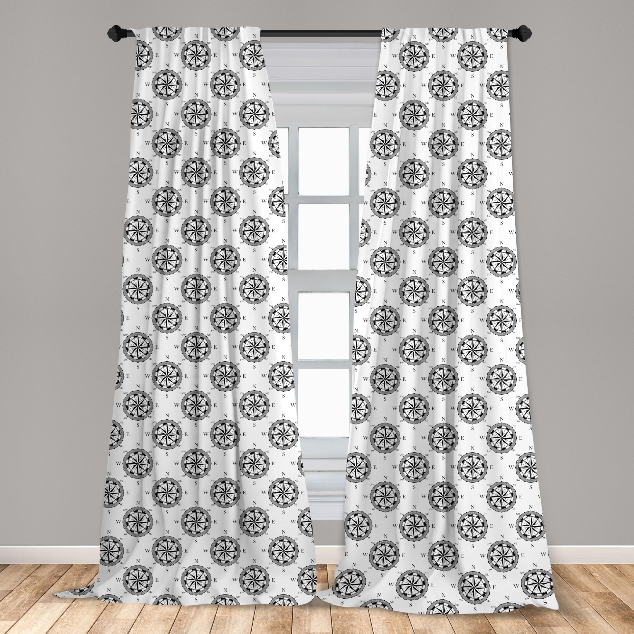 Ambesonne Compass Window Curtains - Black & White Ocean Adventure Theme, Lightweight 2-Panel Set with Rod Pocket (28x84 inches) | Perfect for Living Room, Bedroom & Nautical Decor