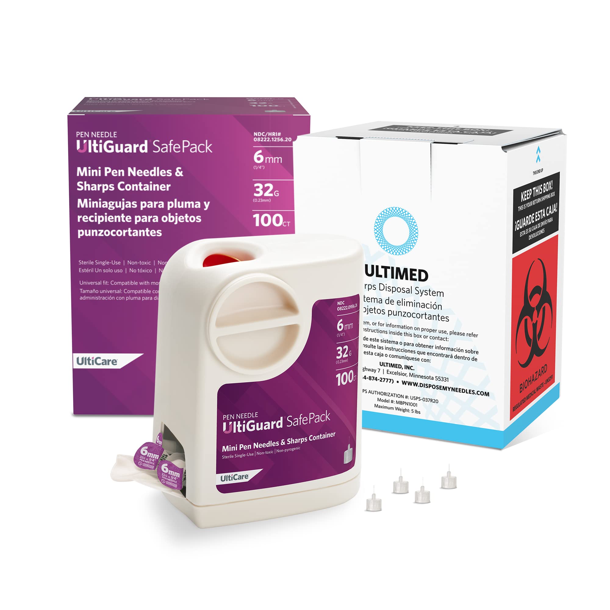 UltiGuard 3-in-1 Safe Pack Pen Needles (6mm x 32G Mini, 100 Count) with Sharps Container & Prepaid Mail-Back Kit - Safe Needle Disposal for At-Home Insulin Injections - Ideal for Diabetics, Travel & Medical Waste Management