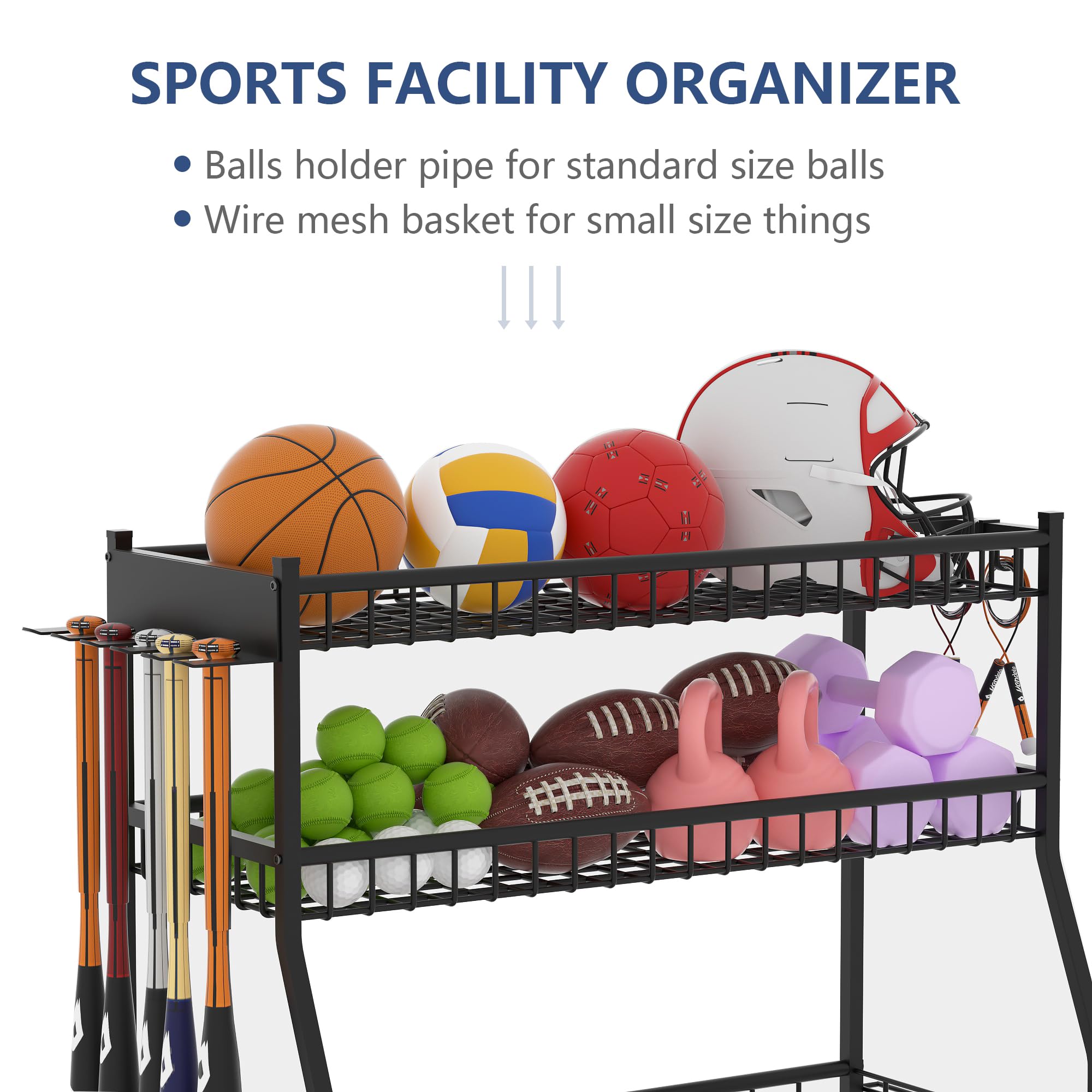 Sports Equipment Organizer - Heavy Duty Garage Storage Rack for Balls & Gear | Black Space-Saving Cart | Perfect for Basketball, Soccer & Baseball Organization