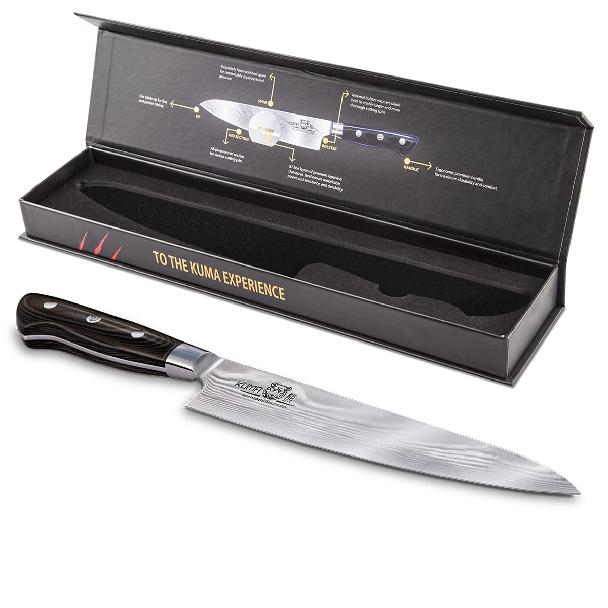 KUMA Professional 8 Inch Japanese Damascus Chef Knife - AUS10 Core Steel, Corrosion & Stain Resistant - Ergonomic G10 Handle with Sheath - Perfect for Sushi, Meat Cutting & Kitchen Prep