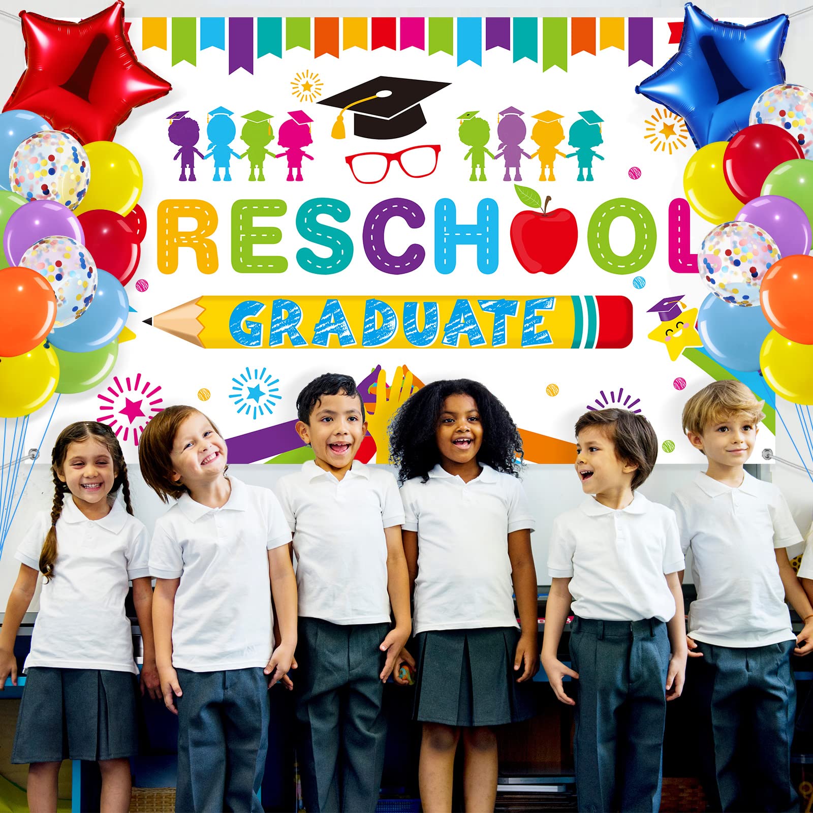 Oudain 2025 Kindergarten Graduation Party Decorations Kit - Preschool Graduation Backdrop, Balloon Garland & Party Supplies (White) | Perfect for Preschool to Elementary School Celebration Decorations