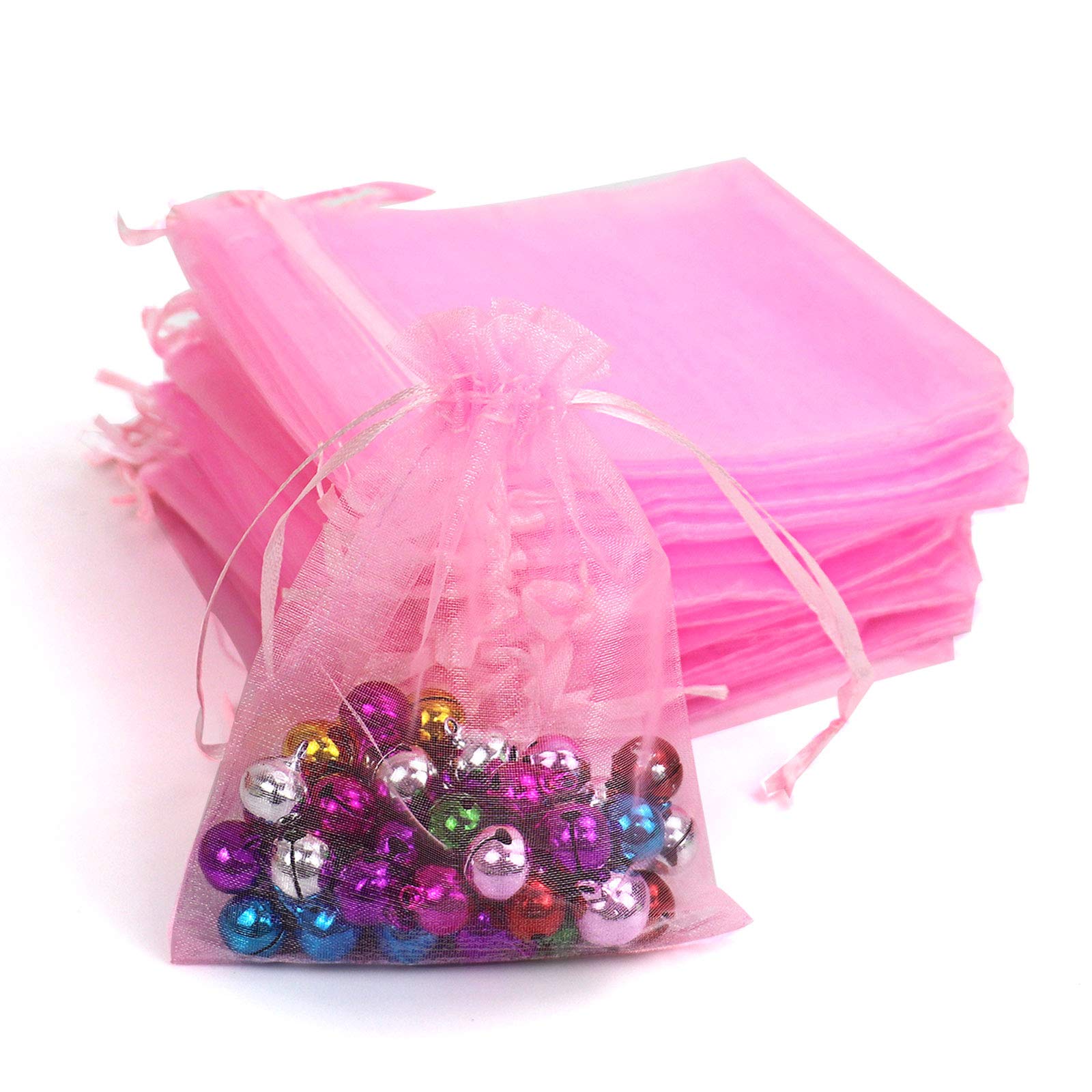 Lautechco 100Pcs 3x4 Inch Pink Organza Drawstring Gift Bags - Elegant Mesh Favor Pouches for Christmas Presents, Wedding Favors, Party Decorations & Jewelry Packaging