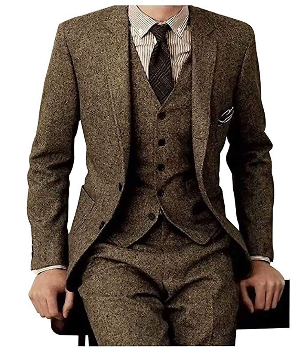Stylish Tweed Wool Brown Herringbone 3-Piece Men's Suit Set - British Style Modern Fit Blazer with Jacket, Pants & Vest | Perfect for Weddings, Business Meetings & Formal Events