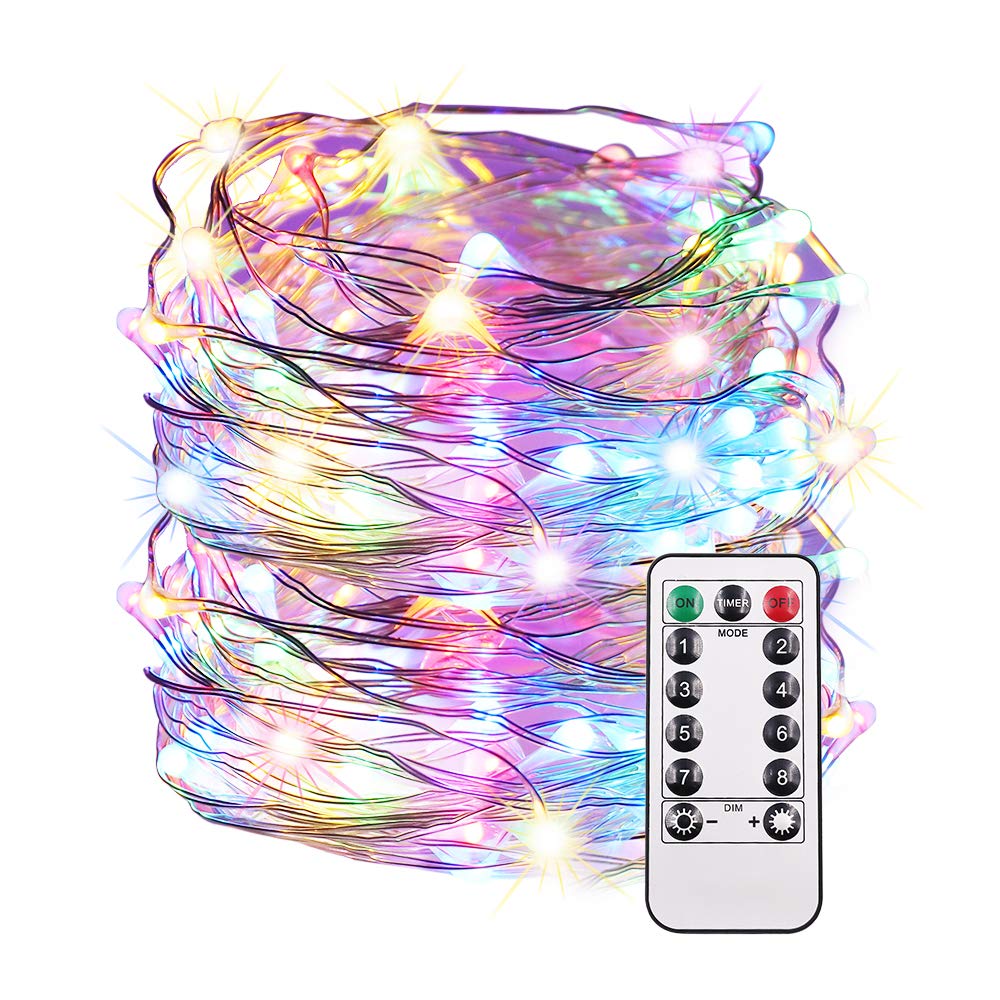 XUNATA 33ft 100 LED RGB String Lights with Remote Control - 8 Lighting Modes, Dimmable, Timer Function, Silver Wire for Christmas Decorations, Holiday Party, Patio, Garden, Bedroom & Wedding Decor
