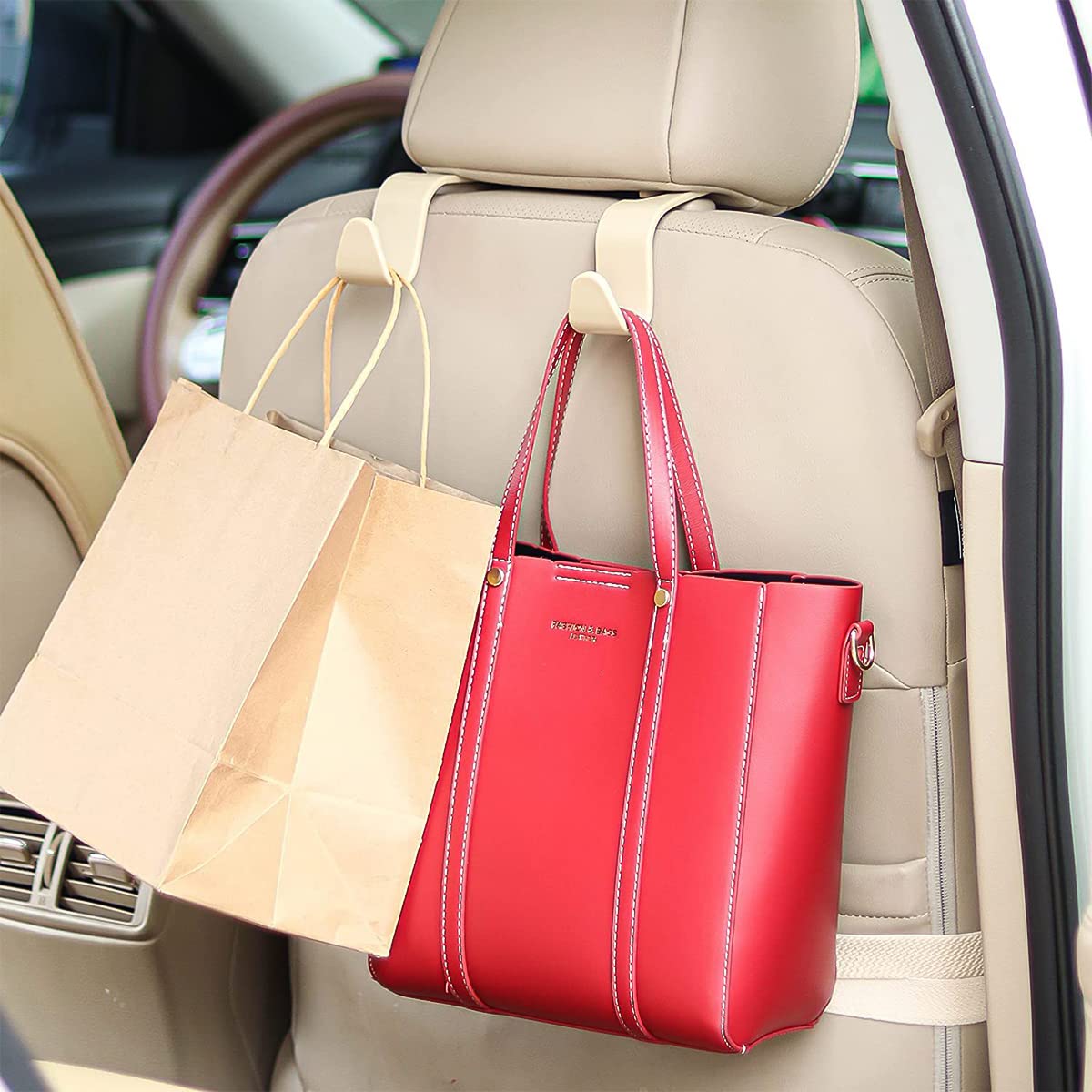 4 Pack Universal Black Car Back Seat Headrest Hooks - Heavy Duty Hangers for Purse, Grocery Bags, Handbag & Car Organizer Accessories (Beige) | Perfect for Road Trips, Shopping & Daily Commute