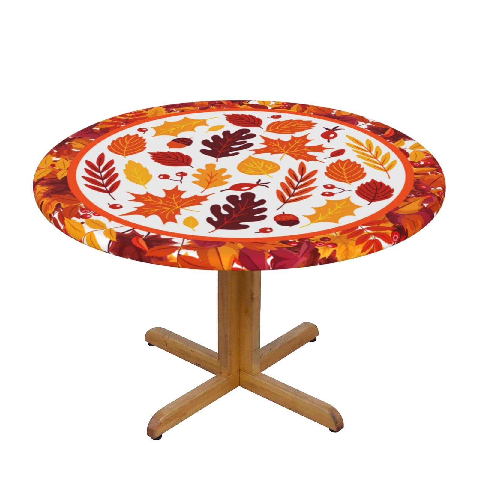 Autumn Maple Leaves Round Elastic Fitted Tablecloth - Washable Stretch Table Cover for Kitchen, Dining, Party (Fits 40-44 Inch Tables) - Perfect for Fall Decorations & Holiday Gatherings