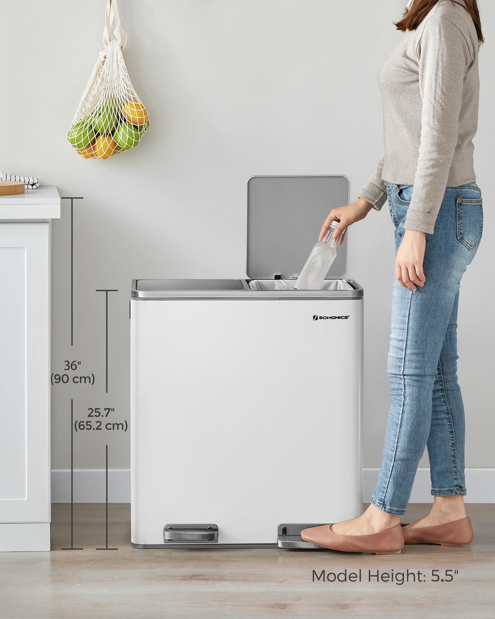 SONGMICS 8 Gallon (30L) Kitchen Trash Can with Lid - 2 Pack, Airtight Waste Bin with 2 Compartments, Includes 15 Trash Bags, White & Gray - Perfect for Home, Office, and Restaurant Use