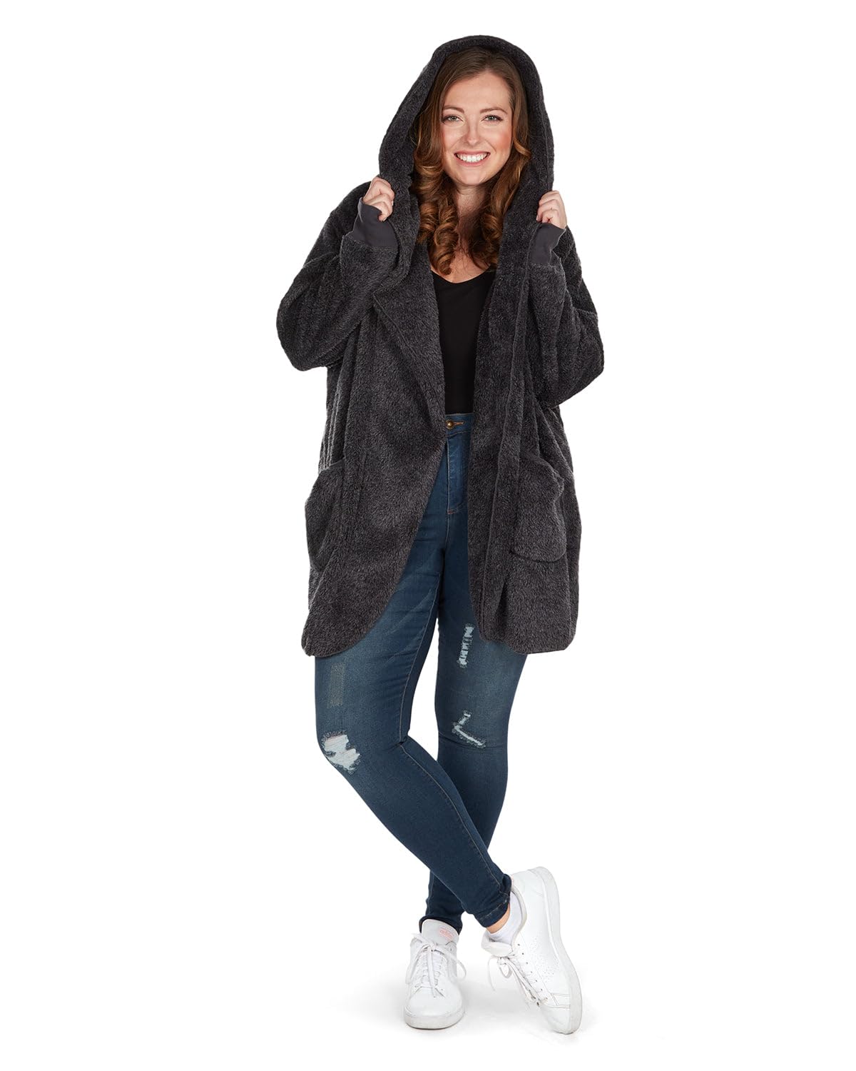 MeMoi Women's Cozy Marled Plush Hooded Sweater with Shawl Collar - Soft Lounge Pullover for Relaxing at Home - Charcoal Grey Small/Medium - Perfect for Casual Wear & Winter Comfort