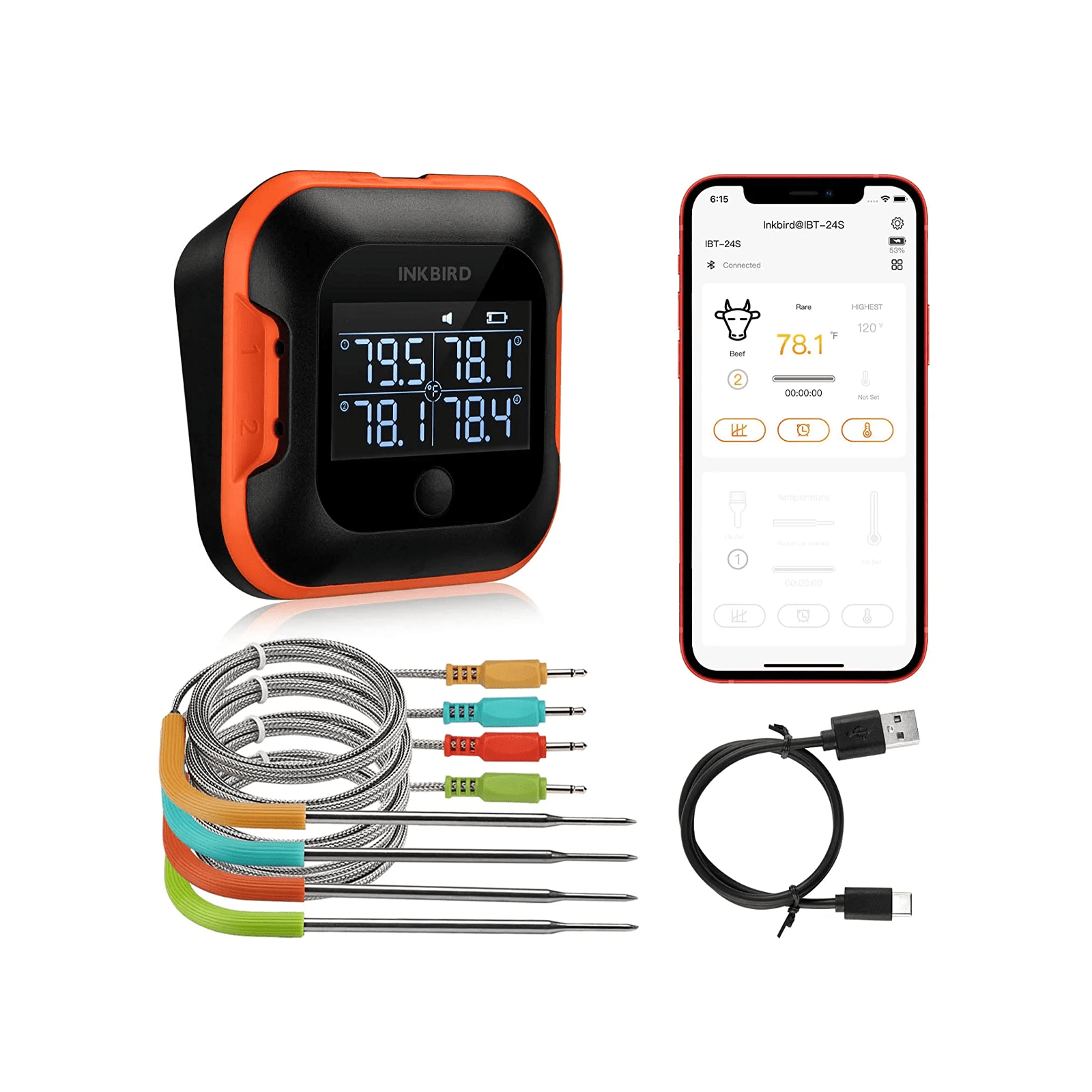 Wireless Bluetooth BBQ Thermometer IBT-24S - Smart Meat Thermometer for Grilling, Smoking, and Roasting - Perfect for Outdoor Cooking, Backyard Parties, and Camping