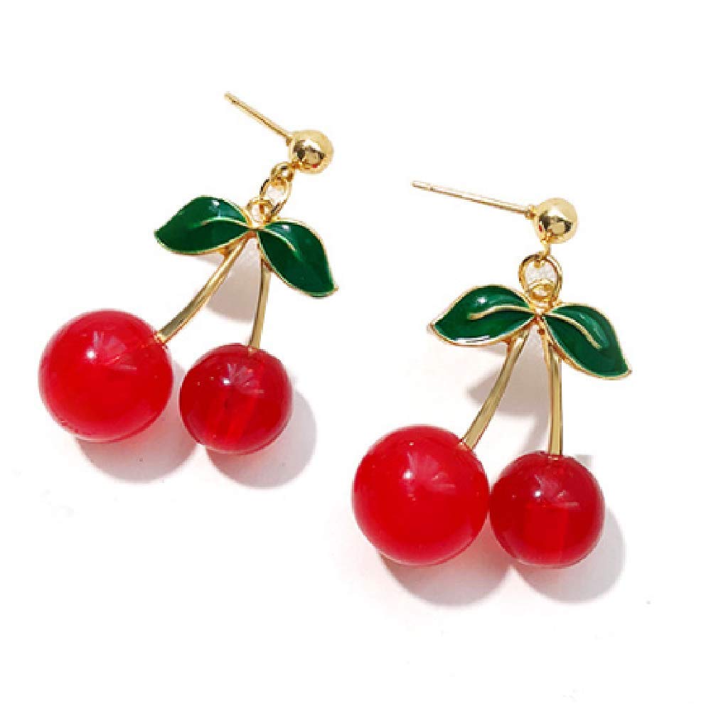 18K Gold Plated Green Leaf Red Cherry Dangle Earrings for Women | Sweet Fruit Jewelry Gift for Teen Girls | Valentine's Day, Birthday, Party Wear Accessories