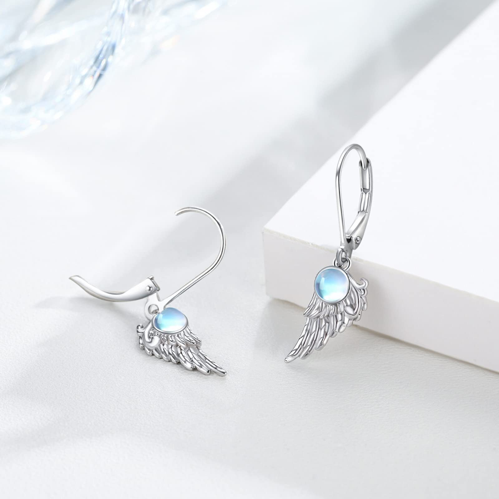 925 Sterling Silver Angel Wing Feather Earrings for Women - Hypoallergenic Moonstone Dangle Drop Earrings with Hook | Sensitive Ear Safe Jewelry Gift for Girls & Women | Perfect for Weddings, Parties & Everyday Wear