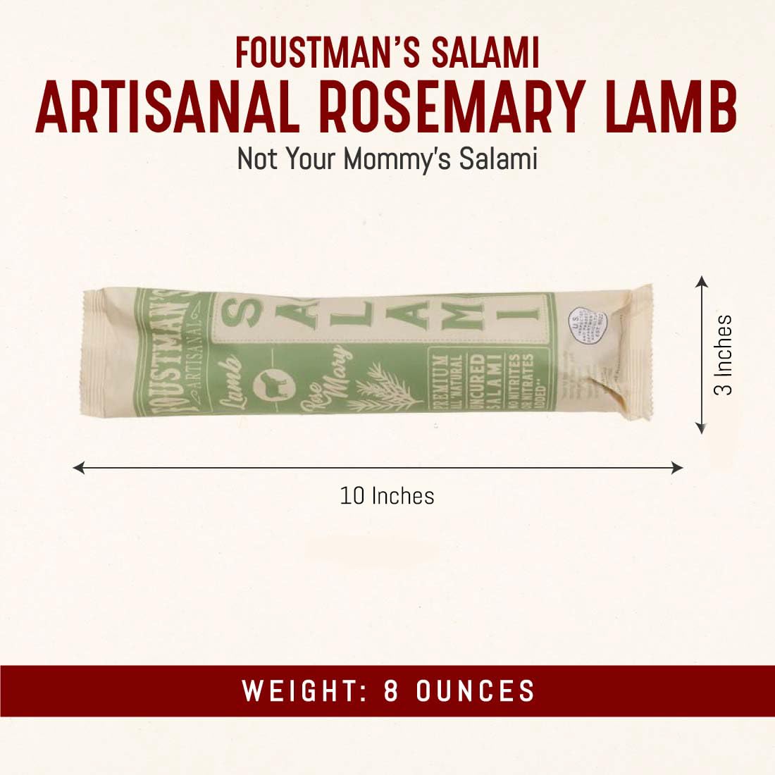 Foustman's Artisanal Rosemary Lamb Salami - Nitrate-Free, Naturally Cured, Gluten-Free & Dairy-Free (8oz Sticks) | Perfect for Charcuterie Boards, Picnics & Keto Snacking