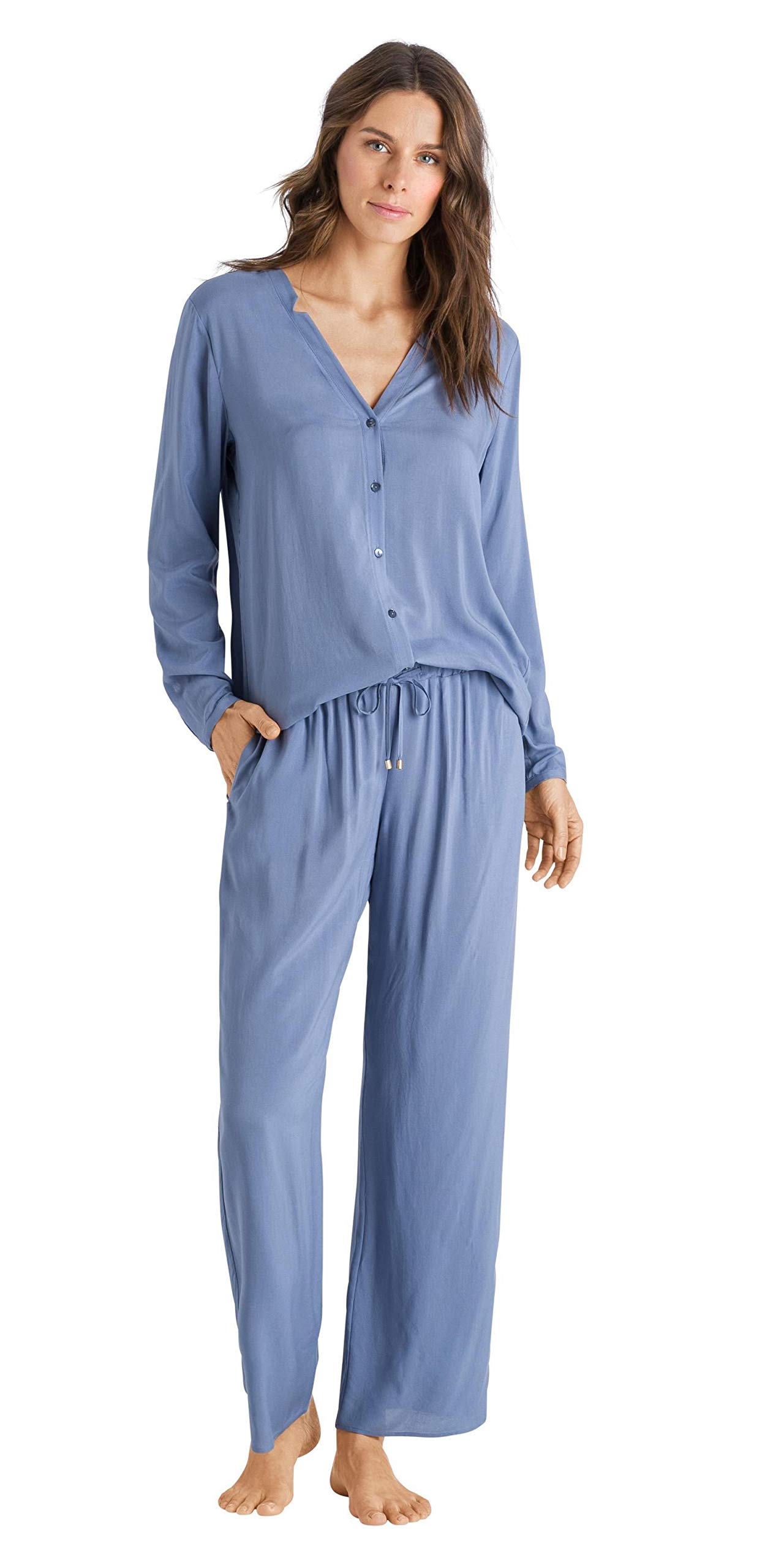 Hanro Women's Sleep & Lounge Woven Long Sleeve Shirt - Soft Comfortable Nightwear for Relaxing at Home or Travel