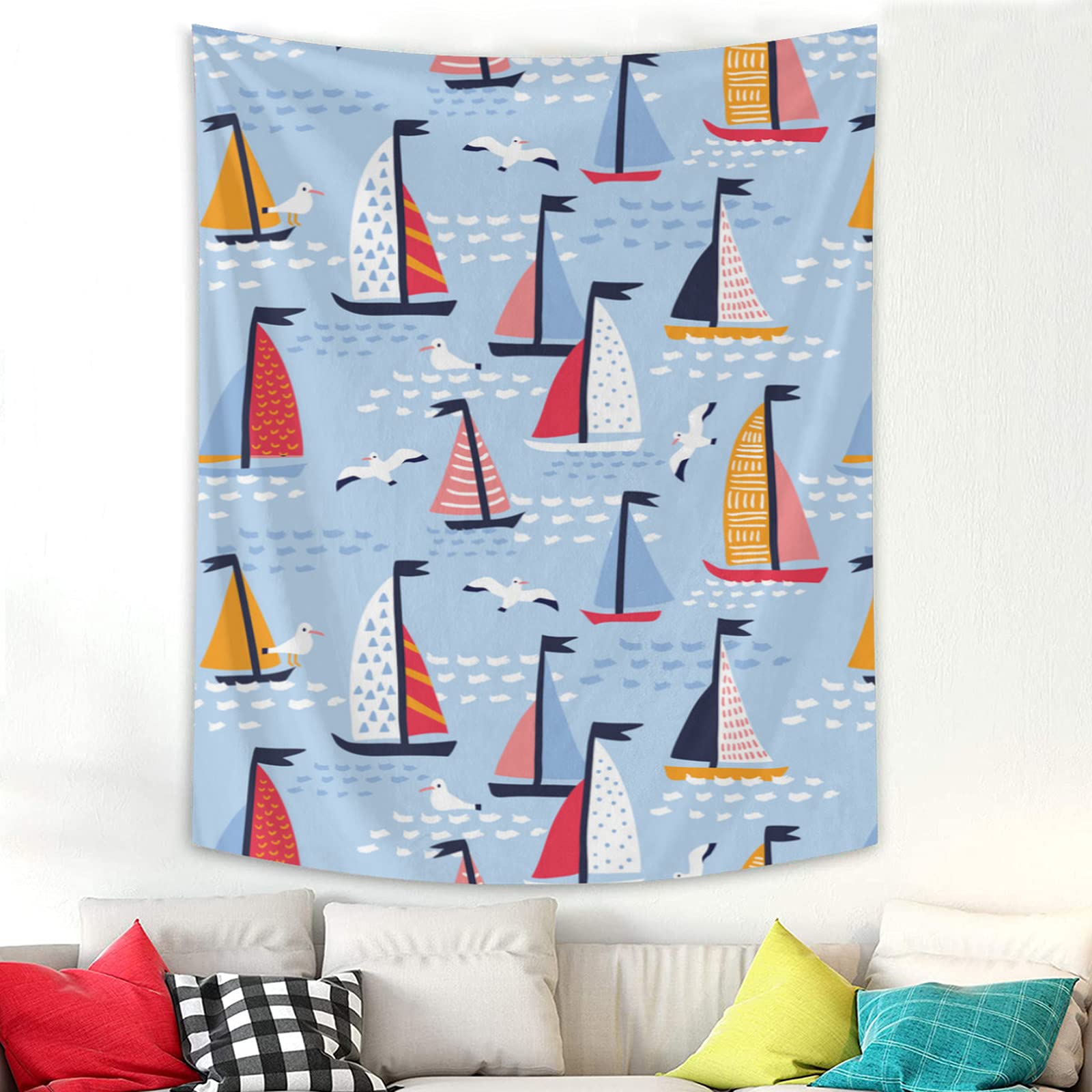 Hand-Painted Sailboat & Seagull Tapestry Wall Hanging - 40x60 Inch Tropical Beach Decor for Bedroom, Living Room - Aesthetic Polyester Wall Art for Boho, Coastal & Home Decoration