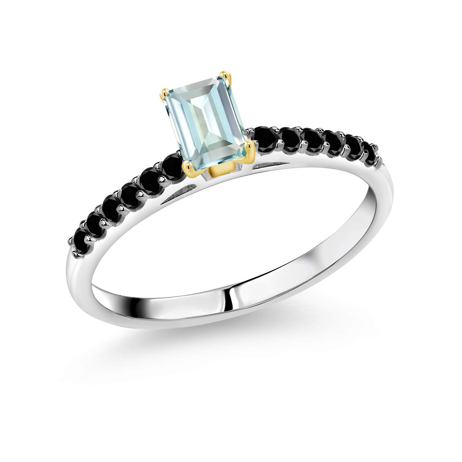 0.70 Ct Emerald Cut Sky Blue Aquamarine & Black Diamond 10K White Gold Ring with Yellow Gold Prongs - Elegant Wedding, Engagement, Anniversary Jewelry Gift for Women