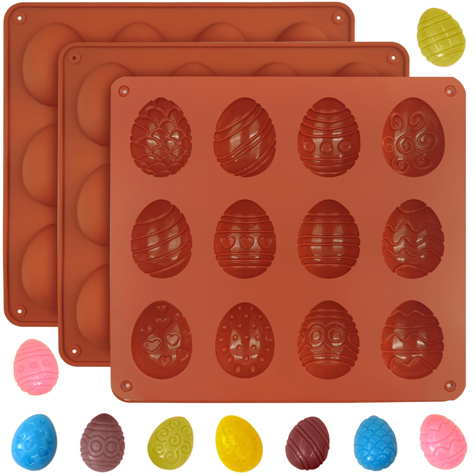 Easter Egg Chocolate Molds Set of 3 - 12 Design Silicone Candy Molds for Easter Treats, Non-Stick for Chocolate, Ice Cubes, Resin & Epoxy - Perfect for DIY Candy Making, Party Favors & Holiday Baking