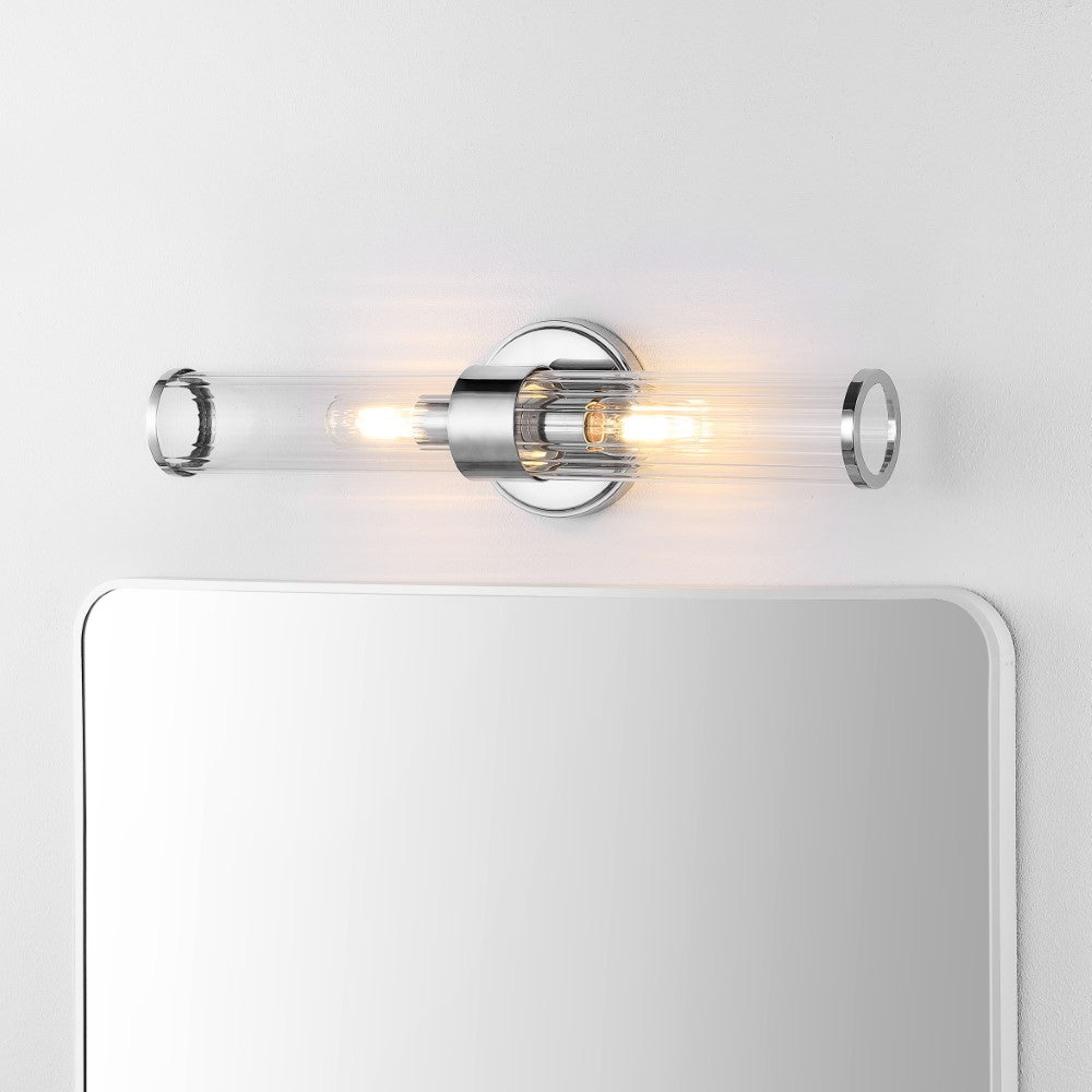 Modern Mid-Century LED Vanity Mirror with Tall Cylinder Iron Base & Striped Glass - Perfect for Bedroom, Bathroom, and Dressing Room Makeup Lighting
