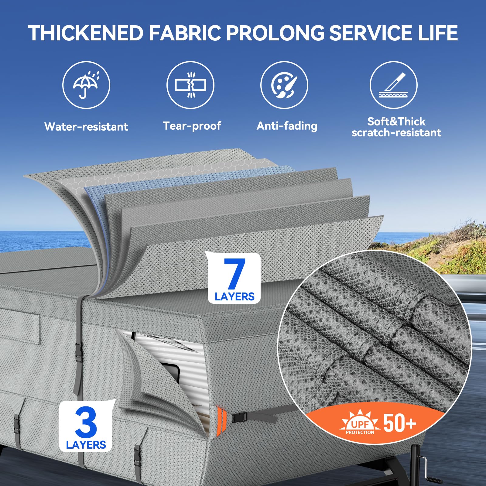 Tuszom 7-Layer Waterproof Pop Up Camper Cover - Heavy Duty RV Trailer Cover for Winter Snow Protection | Windproof with 5+2 Reinforced Straps | 10'-12' Folding Camping Cover (7-Layer Non-Woven Fabric) | Perfect for Outdoor Storage & Seasonal Vehicle Protection