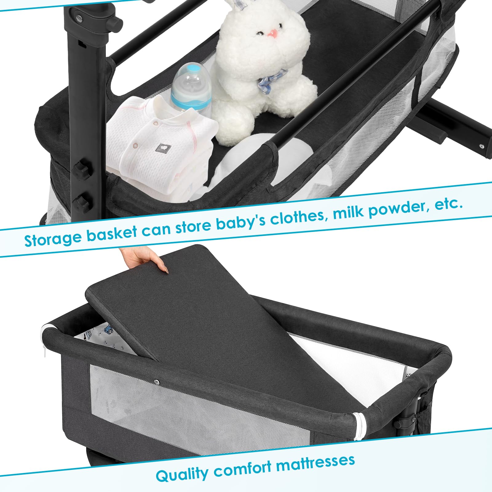 Portable Baby Bassinet Bedside Sleeper - Foldable Crib for Newborns & Infants | Dark Gray Nursery Essential for Girls & Boys | Perfect for Bedroom, Nursery & Travel (2024 New Style)