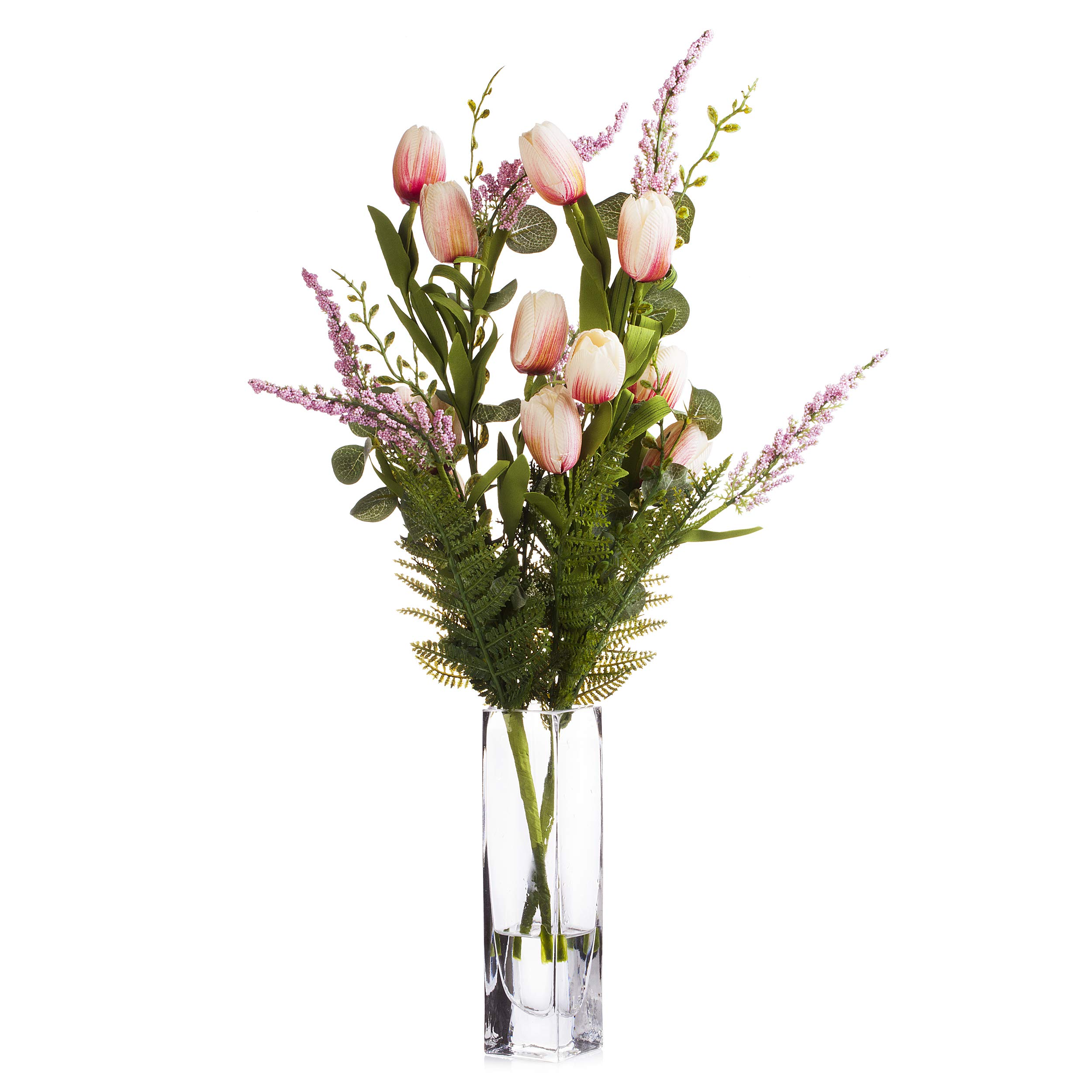 Enova Home Mixed Artificial Silk Tulip Flower Arrangement in Clear Glass Vase - Peach Color Home & Office Decor, Wedding Centerpiece, Tabletop Display for Living Room, Dining Table, and Event Decoration