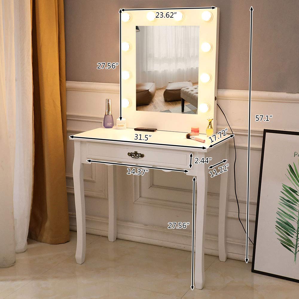 Modern Vanity Set with Lighted Mirror & 10 LED Lights - Makeup Dressing Table with Large Drawer, White Warm LED Bulbs (Set of 2) - Perfect for Bedroom, Home Salon & Beauty Room Organization