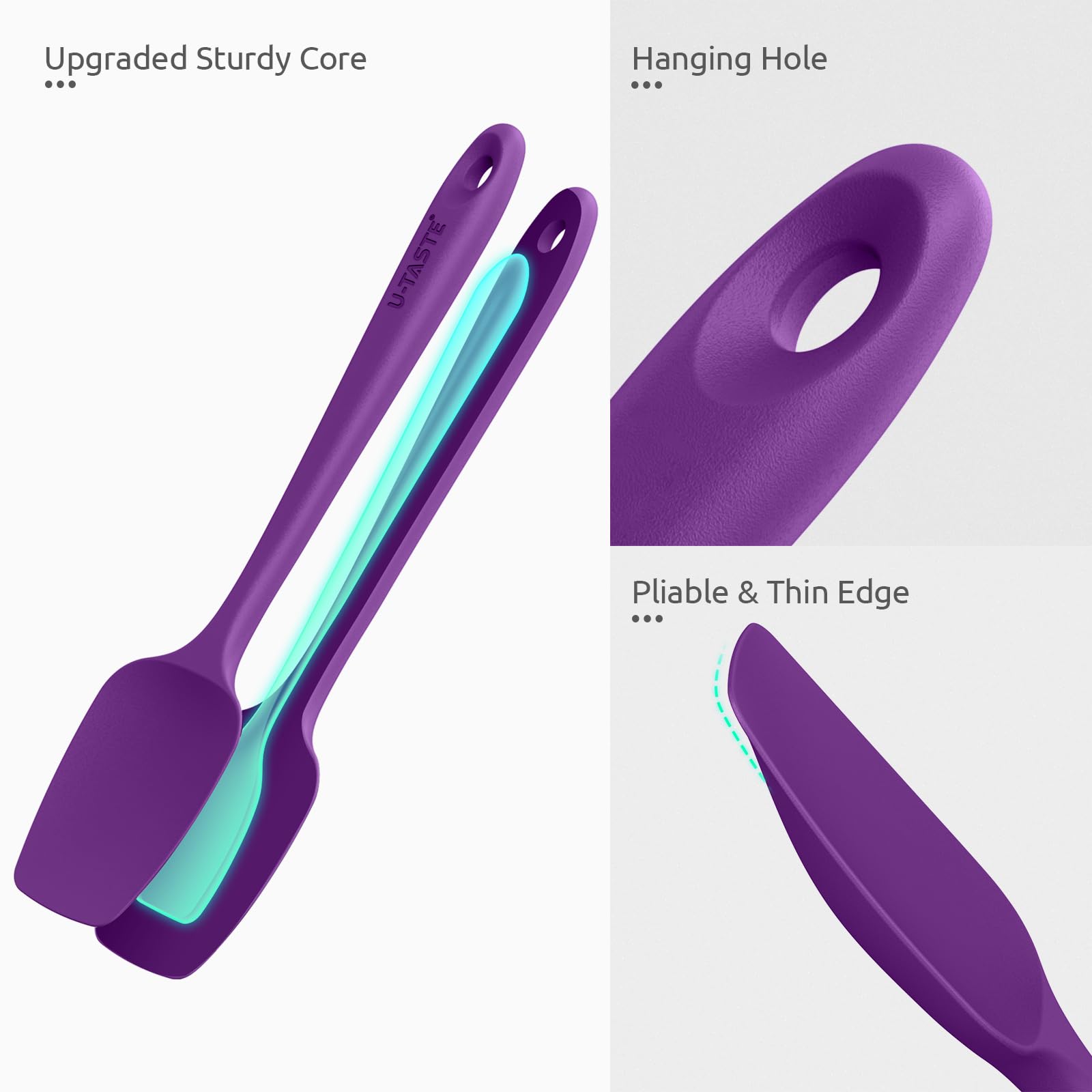U-Taste Silicone Spoon Spatula Set - 3-Piece High Heat Resistant 600°F Kitchen Utensils for Baking, Cooking & Mixing - Food Grade Flexible Rubber Scrapers for Nonstick Cookware (Purple) - Perfect for Cake Decorating, Cookie Dough Mixing & Pancake Flipping
