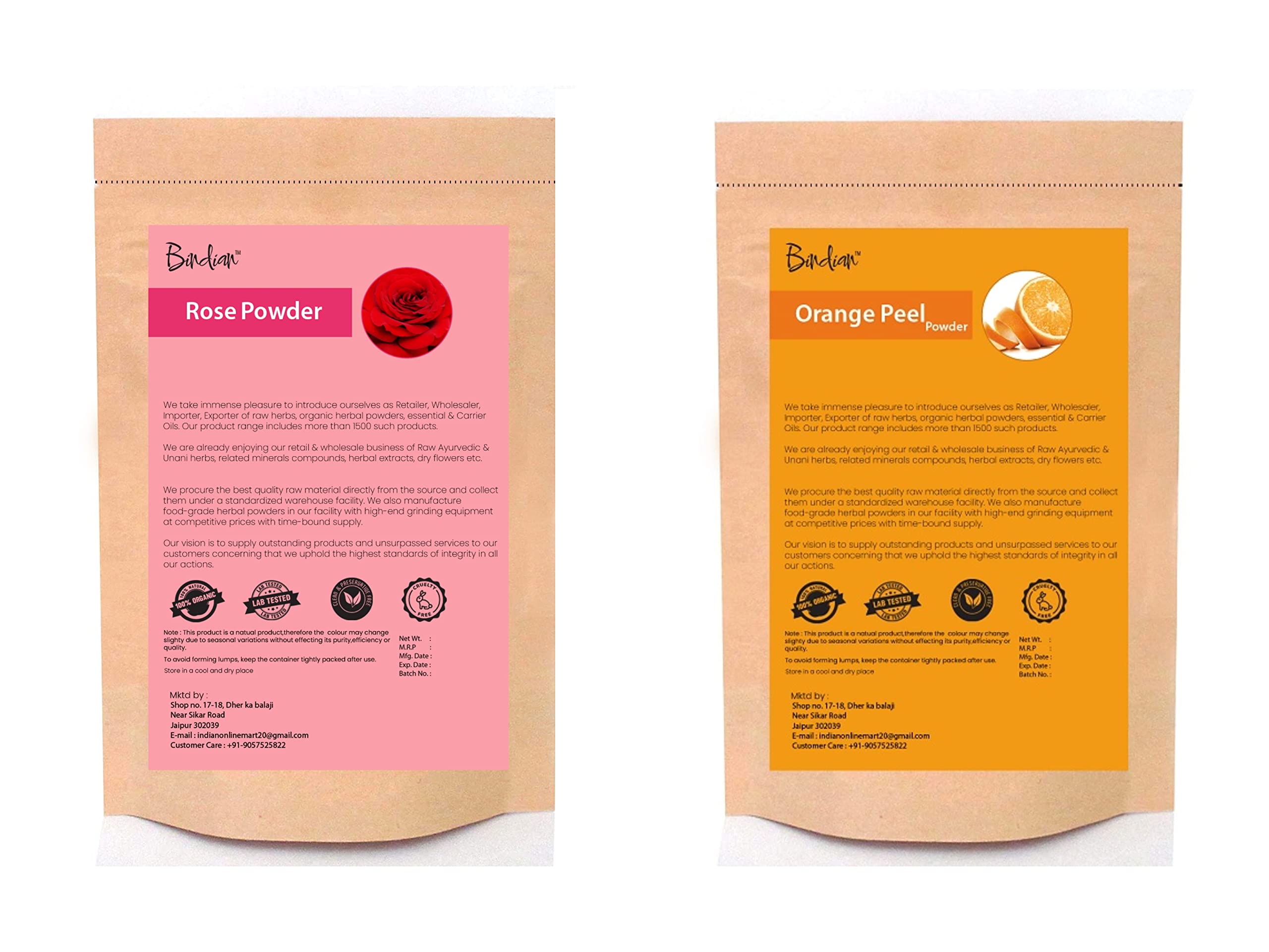 Bindian Pure Rose Powder & Orange Peel Powder for Face Mask - Natural Skin Care, Deep Pore Cleansing & Glowing Complexion (100g x 2) - DIY Facial Treatment for Acne, Blackheads & Dull Skin