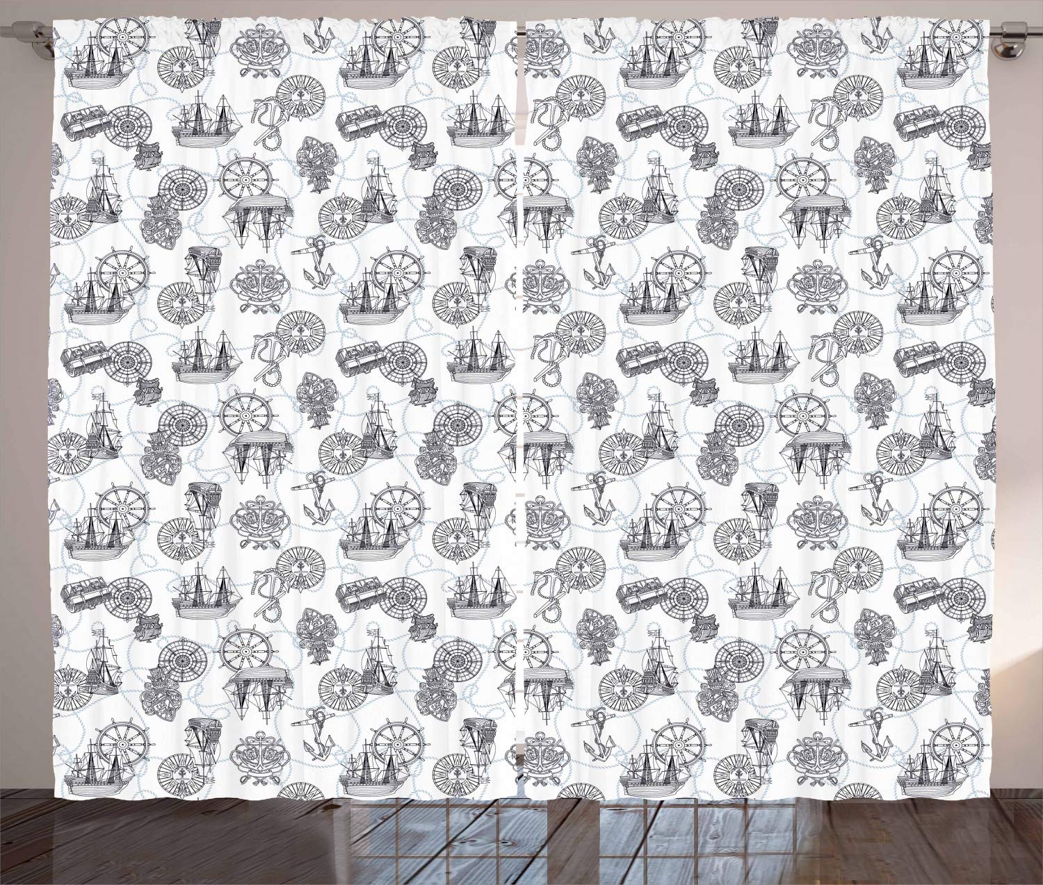 Ambesonne Nautical Compass Curtains - Vintage Sailing Boat, Steering Wheel & Anchor Design, Black Blue Grey White Window Drapes for Living Room & Bedroom, 2 Panel Set 108