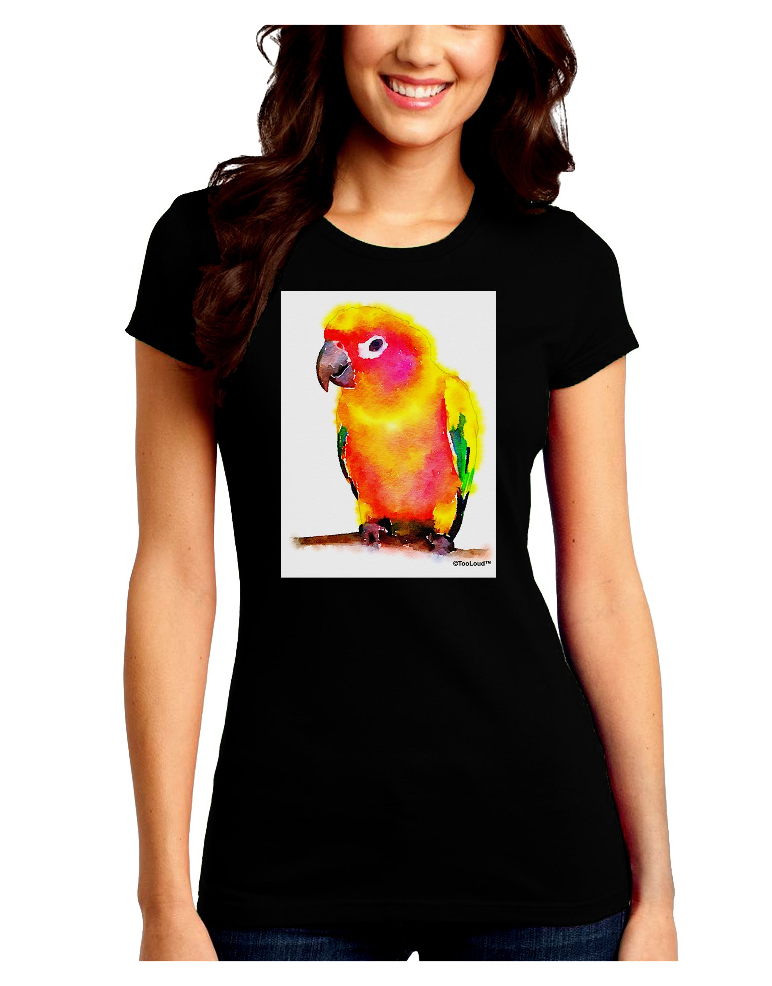TOOLOUD Sun Conure Parrot Watercolor Art Dark T-Shirt for Women & Teens | Cute Bird Lover Graphic Tee for Casual Wear, Gifts & Animal Theme Outfits