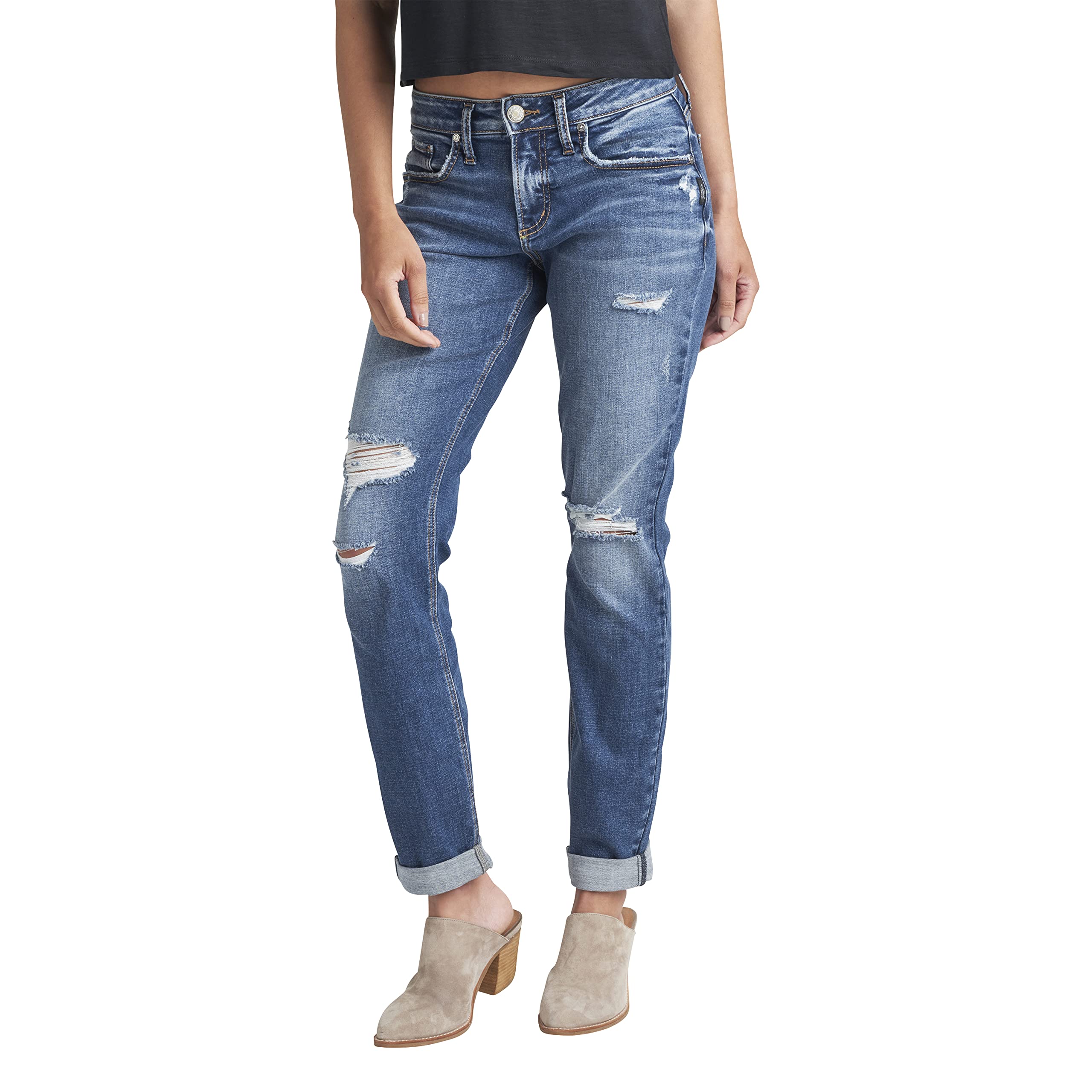 Silver Jeans Co. Women's Boyfriend Mid Rise Slim Leg Jeans - Comfortable Stretch Denim Pants for Casual Wear & Everyday Outfits