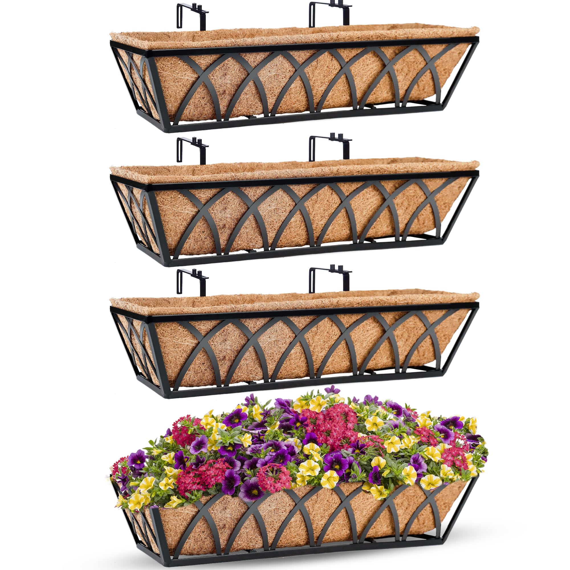 24 Inch Window Deck Planter Box with Coco Liner - 4 Pack Metal Hanging Flower Basket for Outdoor Garden, Lawn & Fence Decor - Perfect for Railing, Deck & Window Box Gardening