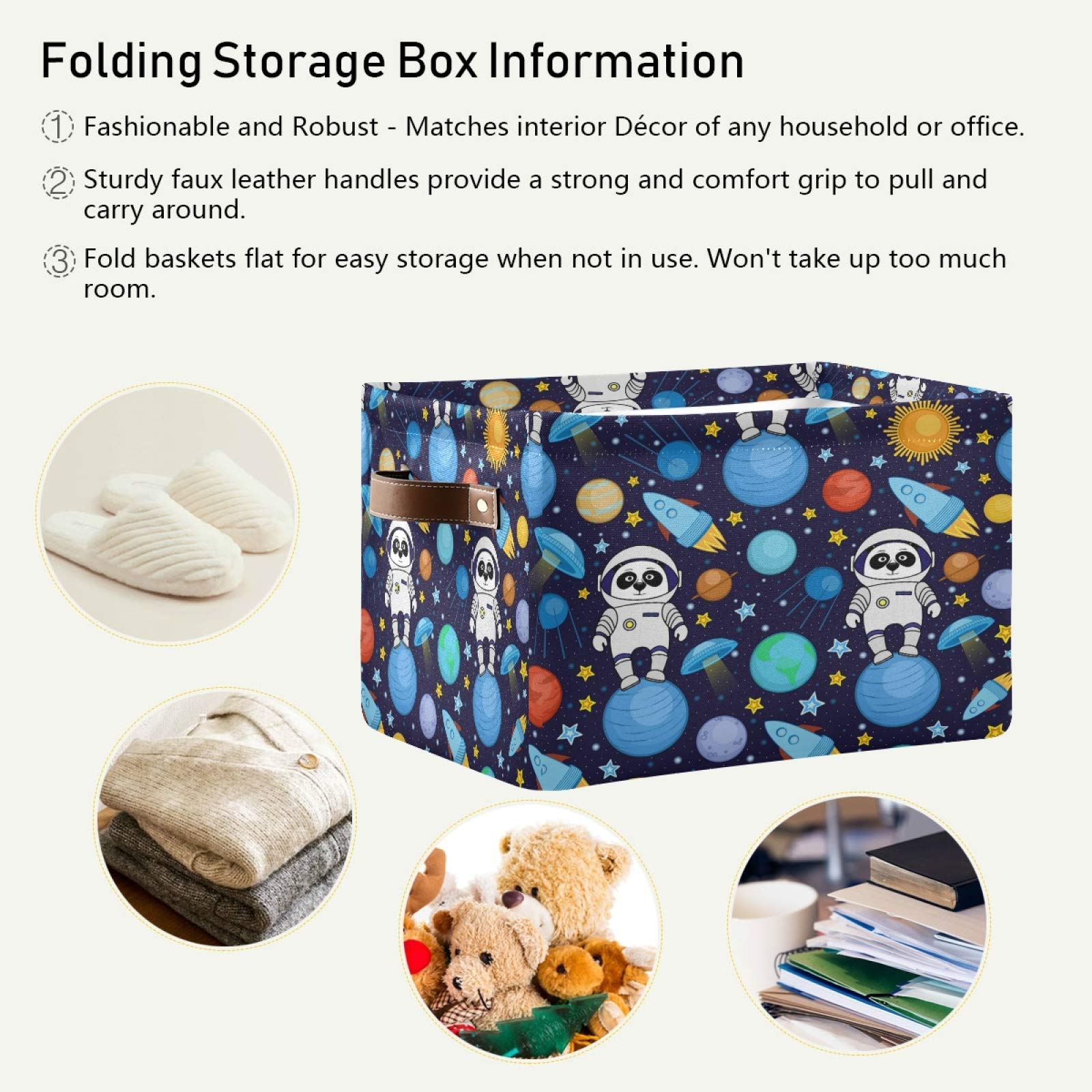 AUUXVA Collapsible Canvas Storage Basket with Panda Astronaut & Space Design - Durable Toy Organizer Bin with Handles for Bedroom, Closet, Office & Kids Room | Space-Themed Storage Solution for Toys, Books & Home Organization