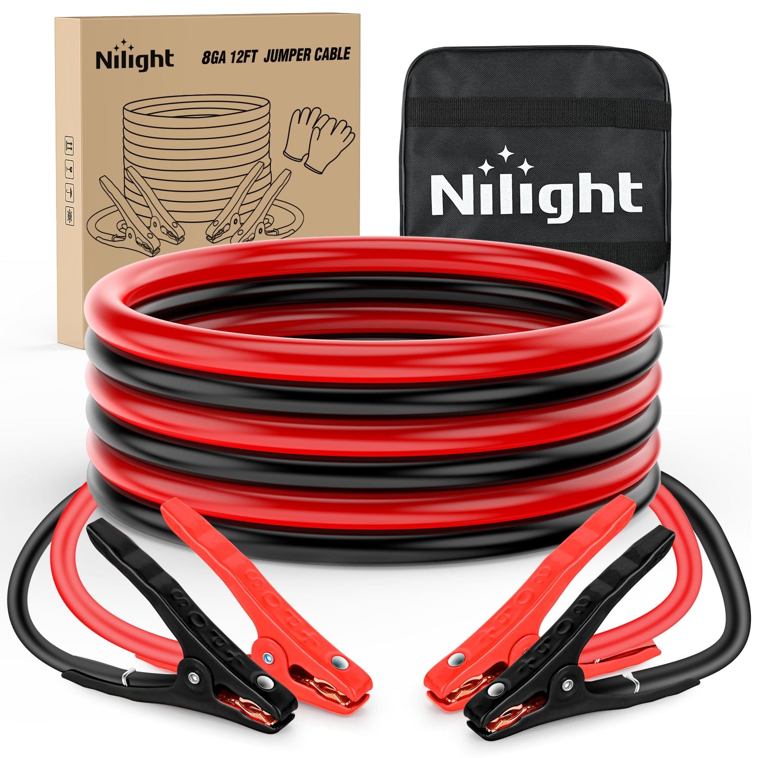 8 Gauge 12 FT Heavy Duty Jumper Cables for Car Battery - Booster Cables for Emergency Vehicle Jump Start, Truck, SUV and RV - Extreme Cold Weather Resistant Copper Clamps