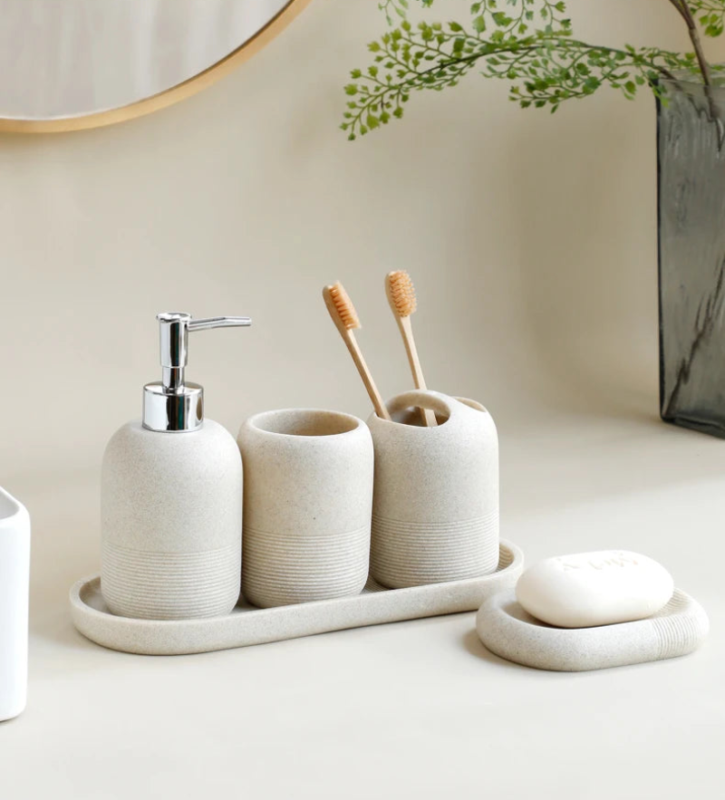 Premium Naya Stone Bathroom Accessory Set - Modern Soap Dispenser, Toothbrush Holder & Tumbler | Water-Resistant & Stylish for Bathroom, Spa & Luxury Home Decor