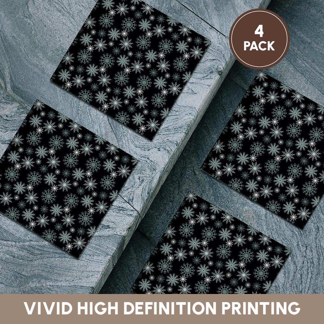 3D Rose Snowflakes on Black - Set of 4 Ceramic Tile Coasters for Drinks, Perfect for Christmas Decor, Home Bar, and Party Use