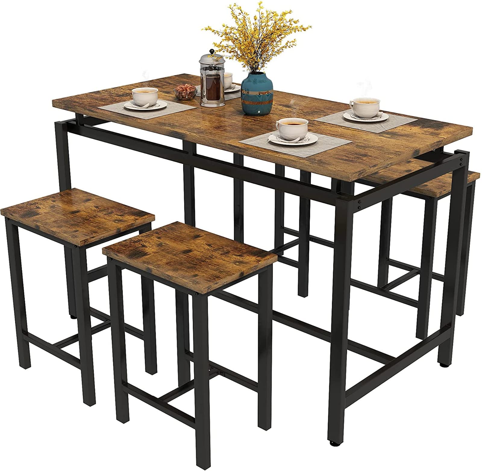 MIERES 5-Piece Bar Height Dining Table Set with 4 Chairs - MDF Top & Steel Frame Kitchen Counter Set for Pub, Home, Farmhouse Restaurant & Cafe | Perfect for Small Spaces, Breakfast Nooks & Entertaining