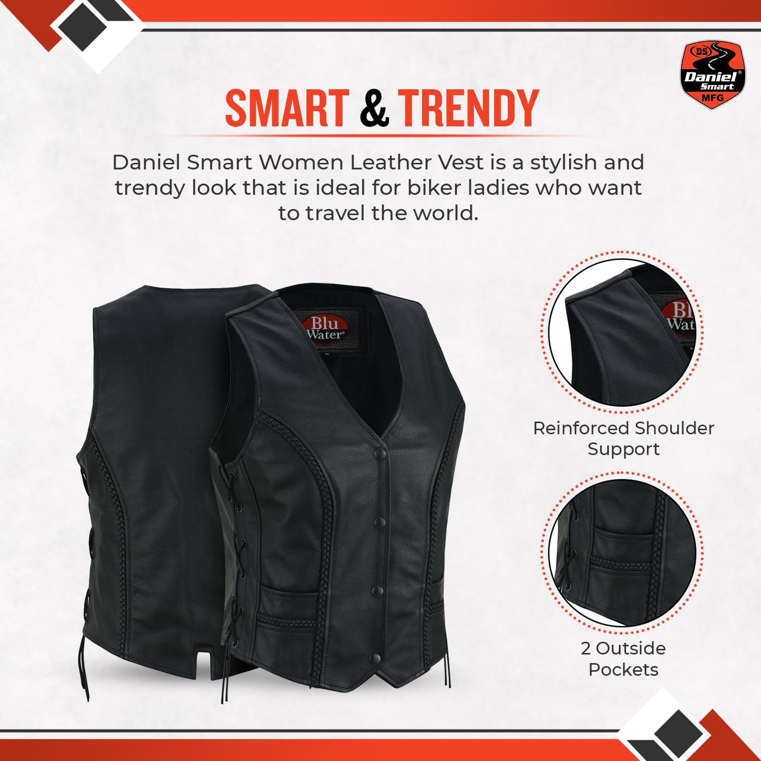 Stylish Black Leather Biker Vest for Women - Adjustable Side Laces & Hidden Armory Pocket | Perfect for Motorcycle Riding, Outdoor Adventures & Fashion