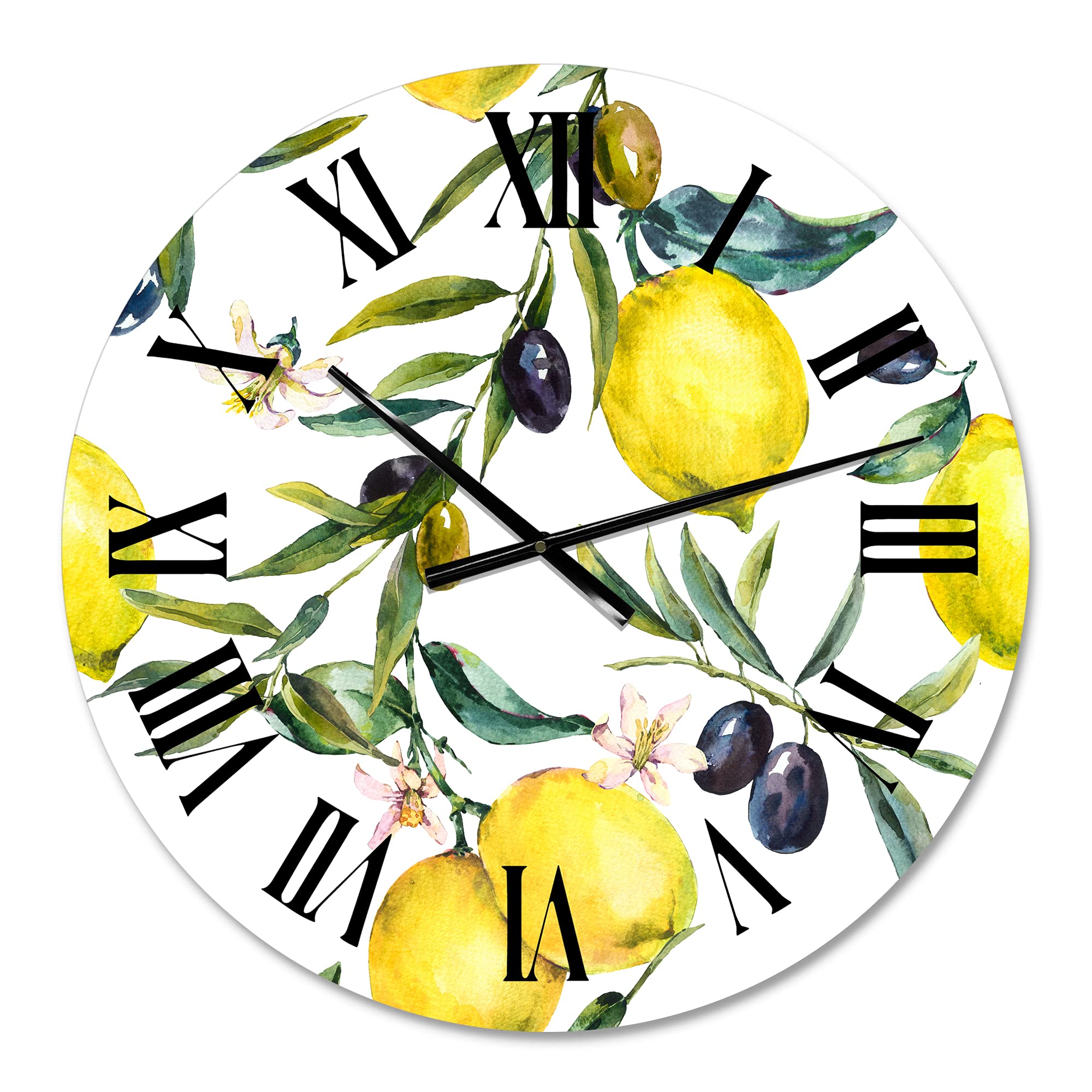 Tropical Wall Clock 'Lemon and Olive Branches II' - Large Decorative Kitchen Clock for Home, Cafe & Restaurant Decor - Perfect for Farmhouse, Coastal & Mediterranean Style Interiors