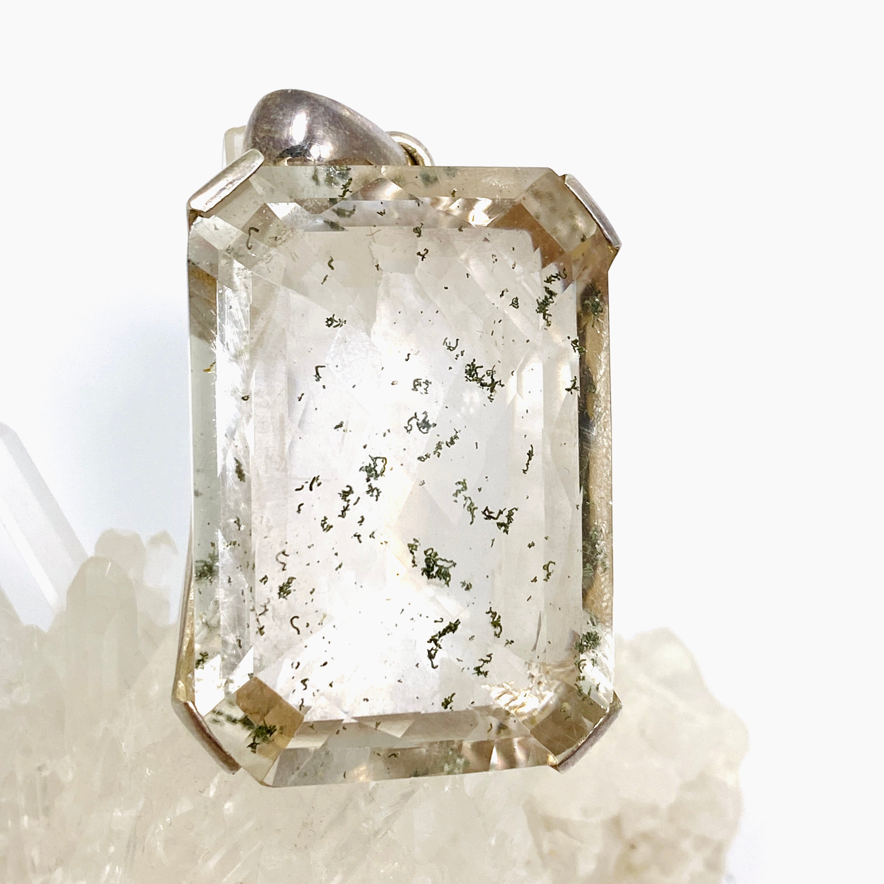 Natural Chlorite Inclusion Quartz Rectangular Checkerboard Faceted Pendant Necklace - Unique Healing Crystal Jewelry for Meditation, Energy Work & Spiritual Gifts