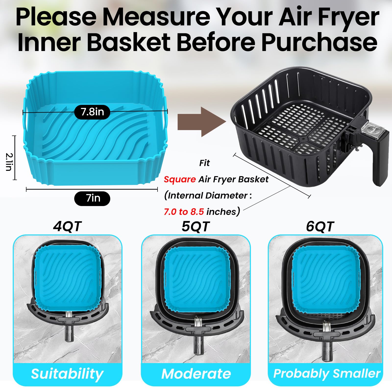 Redfly 2 Pack Reusable Square Silicone Air Fryer Liners for 4-5.5 QT - Non-Stick Baking Accessories Replacement for Parchment Paper (Red & Blue) - Perfect for Roasting, Baking, and Air Frying Vegetables, Meats, and Snacks