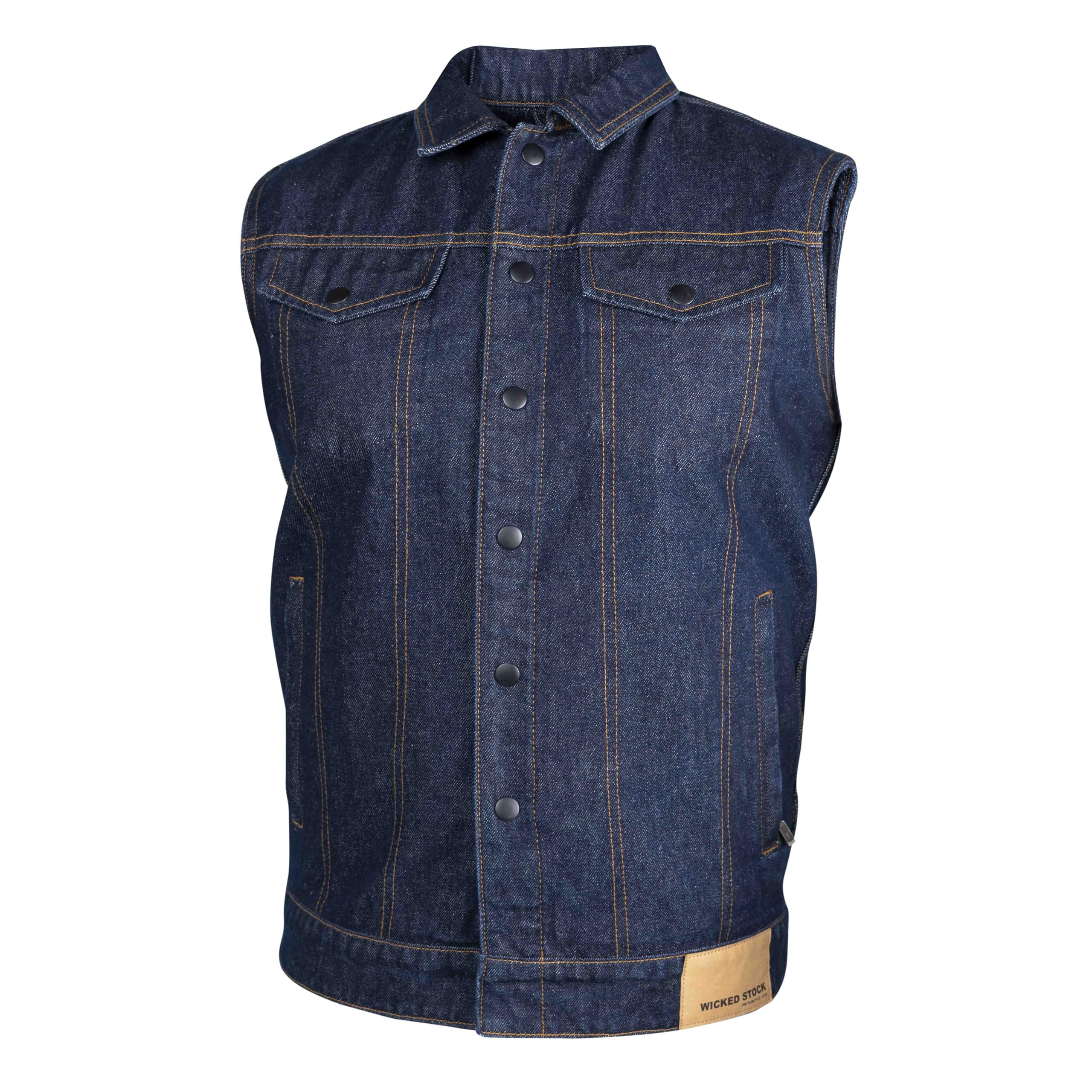 WICKED STOCK Men's Denim Vest True-Blue | Casual Motorcycle Vest | Durable Motorcycle Gear for Men | Perfect for Riding & Outdoor Adventures