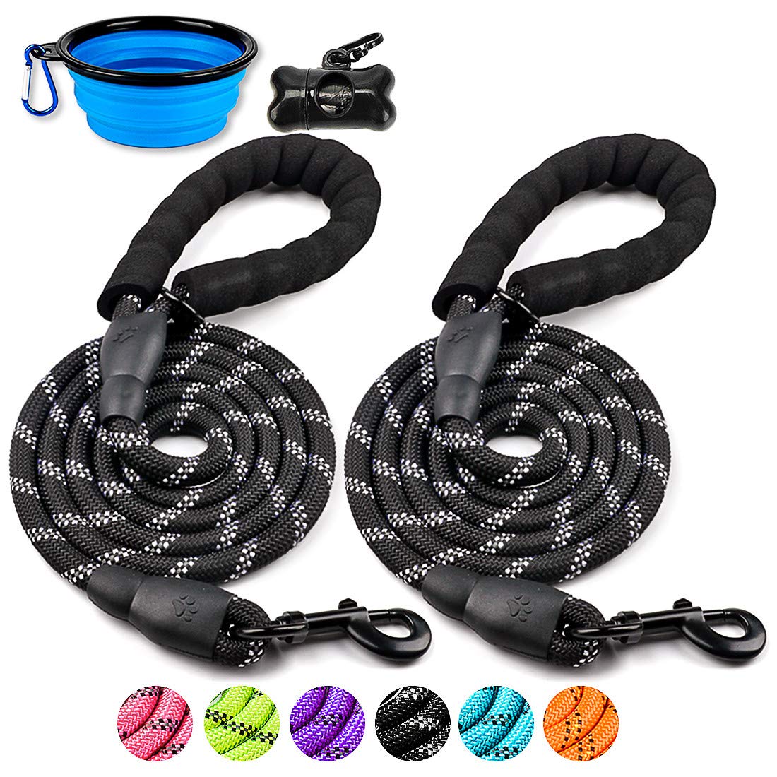 DOYOO 2 Pack 6FT Heavy Duty Nylon Dog Leash with Padded Handle & Reflective Stitching - Strong Pet Leash for Medium to Large Dogs, Includes Collapsible Water Bowl & Waste Bags (Ideal for Walking, Hiking, Camping & Outdoor Adventures)