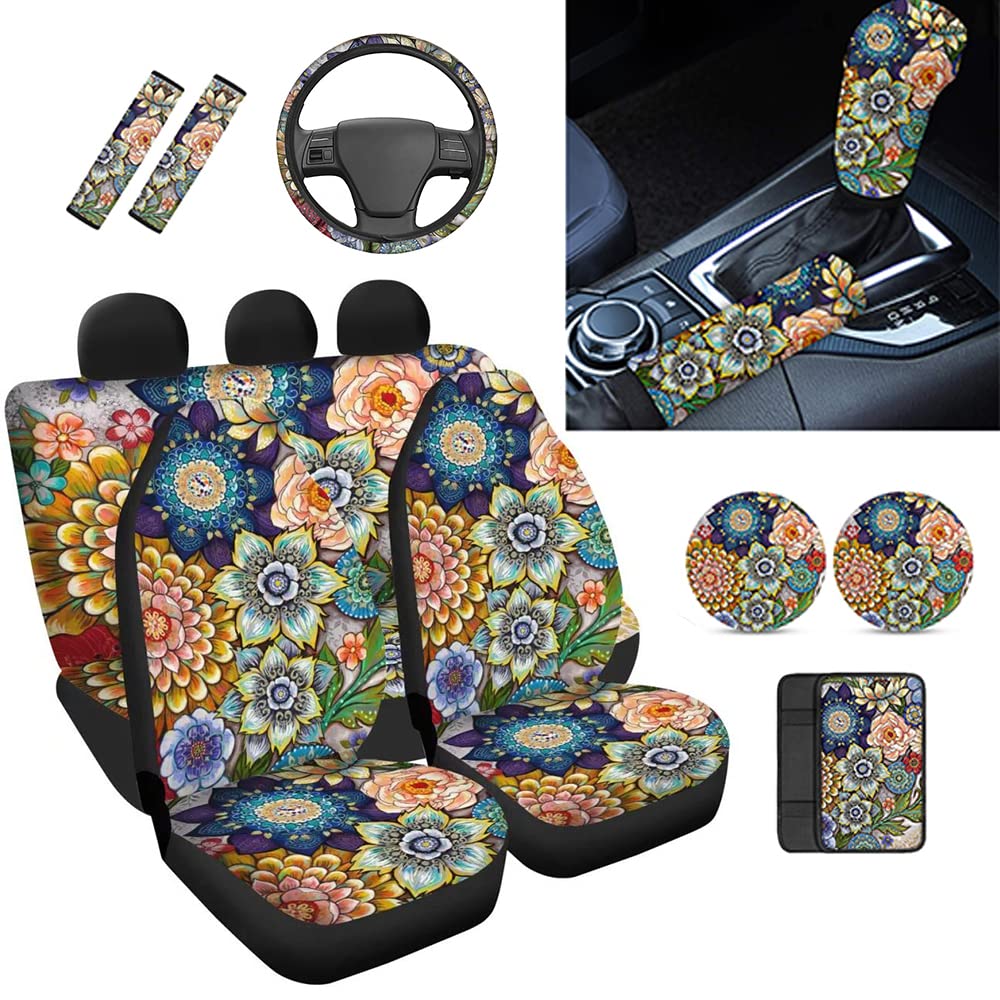 Boho Vintage Floral Mandala Car Accessories Set - 12-Piece Universal Stretch Car Seat Covers, Steering Wheel Cover, Shift Knob Protector, Handbrake Cover, Seat Belt Pads, Armrest Box Cover & Coasters for Cars, SUVs & Trucks - Perfect for Road Trips & Daily Commutes