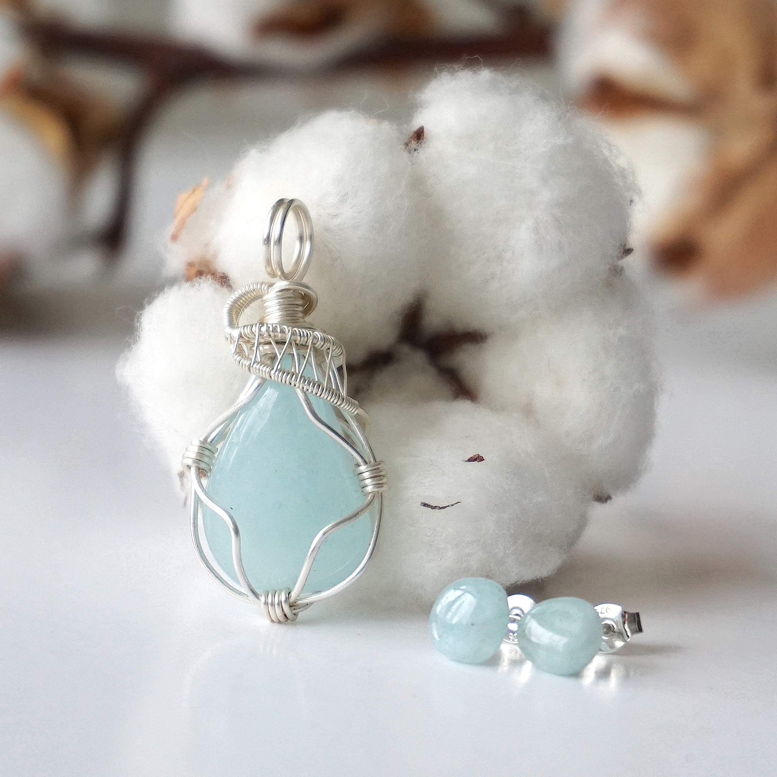 Handmade Aquamarine Jewelry Set for Women - Silver Plated 24 Inch Chain, Wire Wrapped Pendant & Earrings, March Birthstone Gift Box | Perfect for Birthdays, Anniversaries & Special Occasions